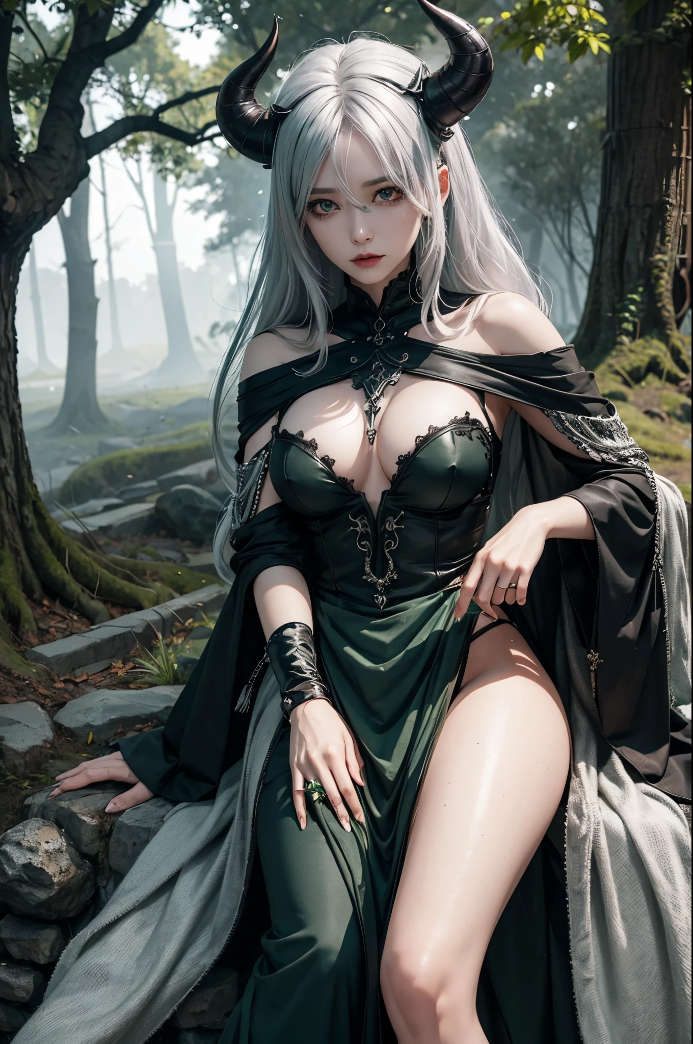 Female demon,silver hair,dark green eye,black horn,dark green and black root tree costume