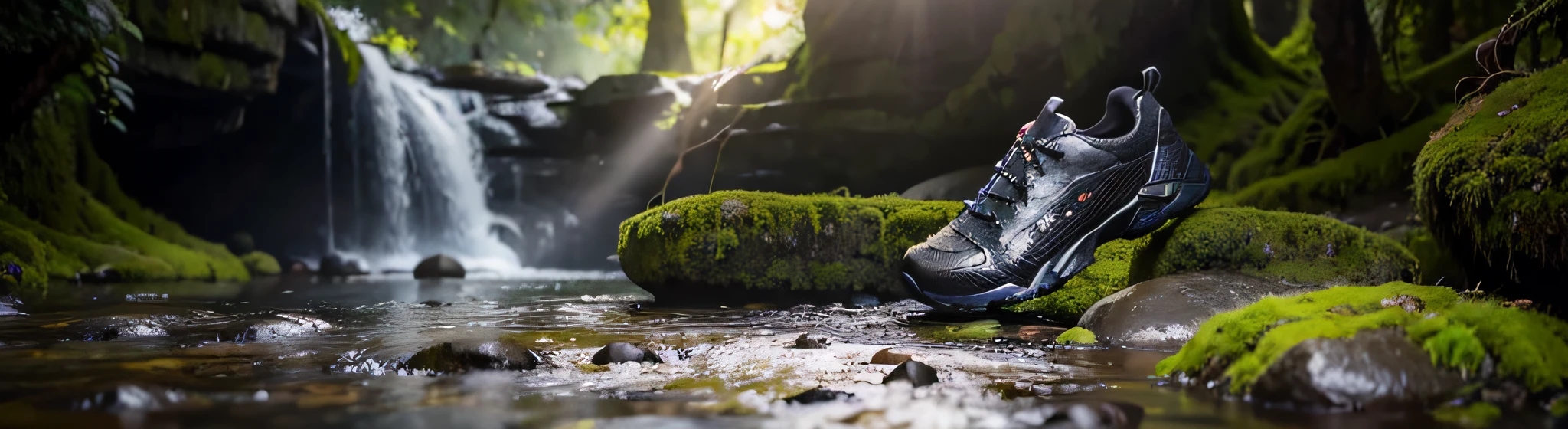 shoes on the stone,There are waterfalls and springs next to the stones,moss on stones,Cinematic light and shadow,high high quality,ultra - detailed,ray traycing