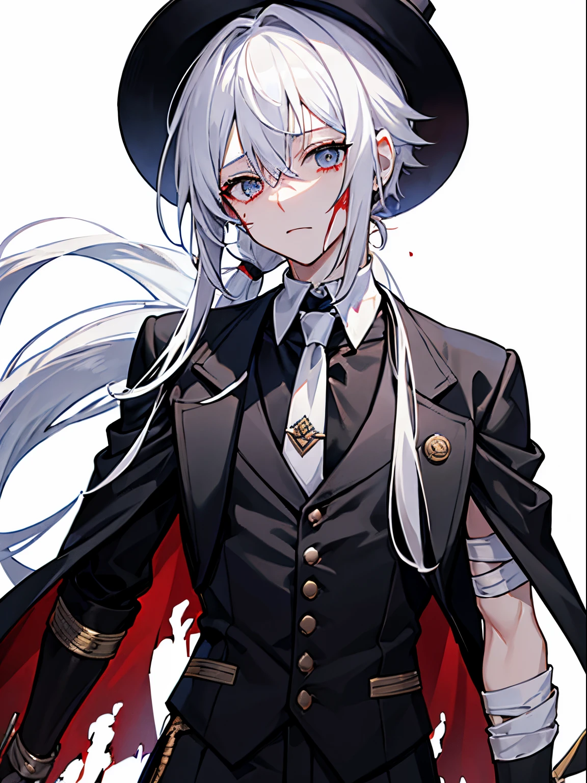 male in his 20s、white  hair、poneyTail、tailcoat、neck tie、Hats、Injured、Clothes are torn、Bandage on the arm、Blood all over the body、grim facial expression、Decadent background