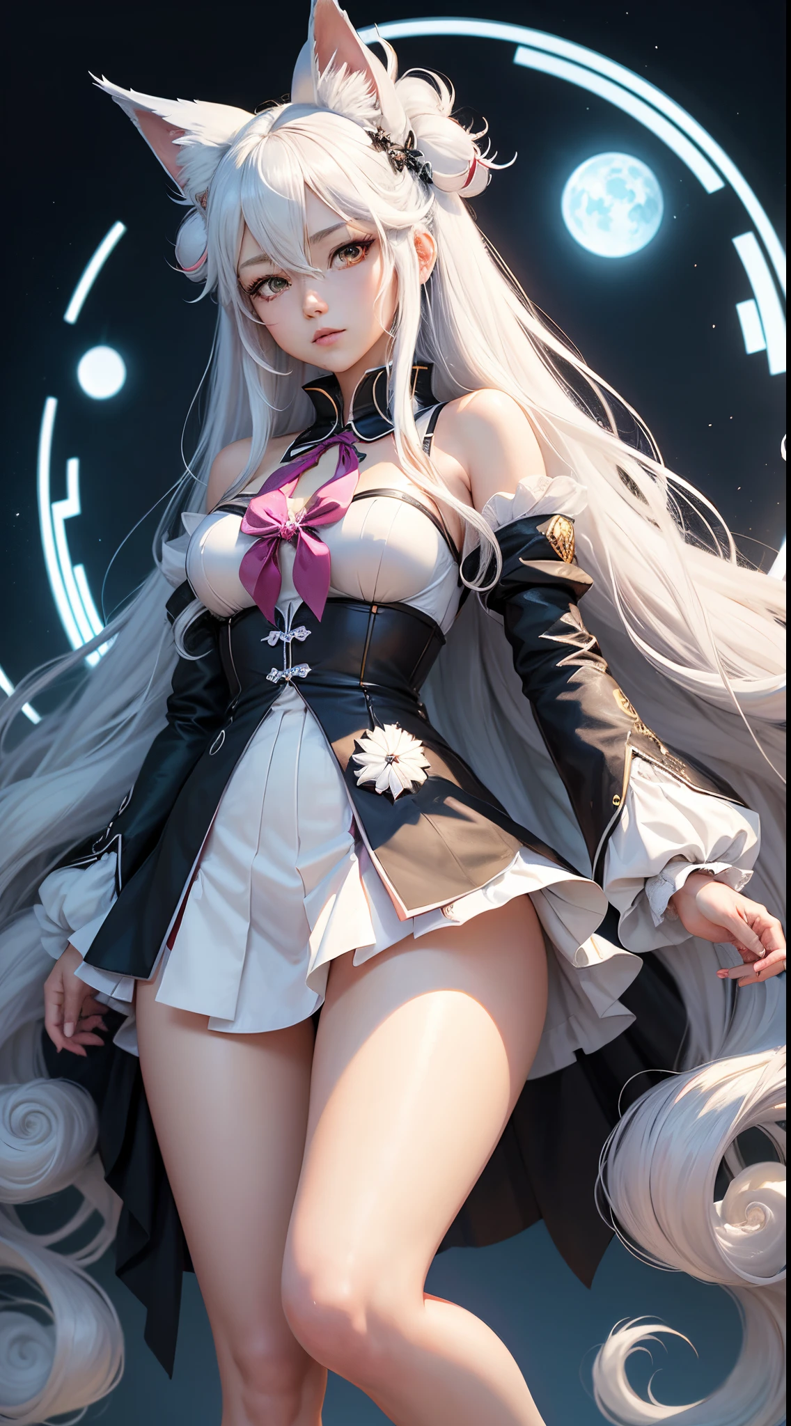 Ultra high quality, anime girl with long white hair and bunny ears standing in front of a blue sky, white haired deity, rei hino as a princess, white fox anime, albedo from the anime overlord, white hime cut hairstyle, anime monster girl, with white long hair, with long white hair, neferpitou, silver eyes full body, junko enoshima