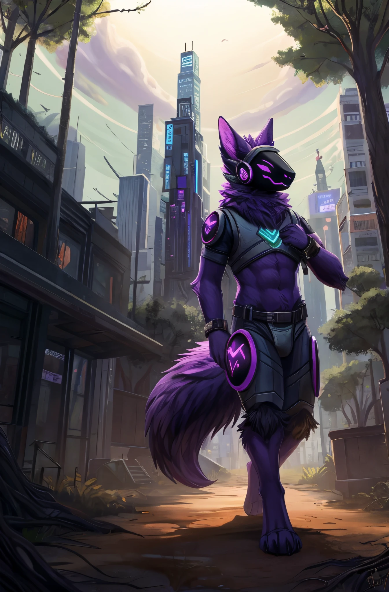 Protogen, furry art, masterpiece, great anatomy, black fur, neon purple body details, detailed background, fluffy tail, male, nature everywhere, green areas, bushes, plants, trees, roots, solo, city, big buildings, detailed illumination, apocalypse, colapsed city, carrying a backpack, holding a gun, wearing black cuffs.