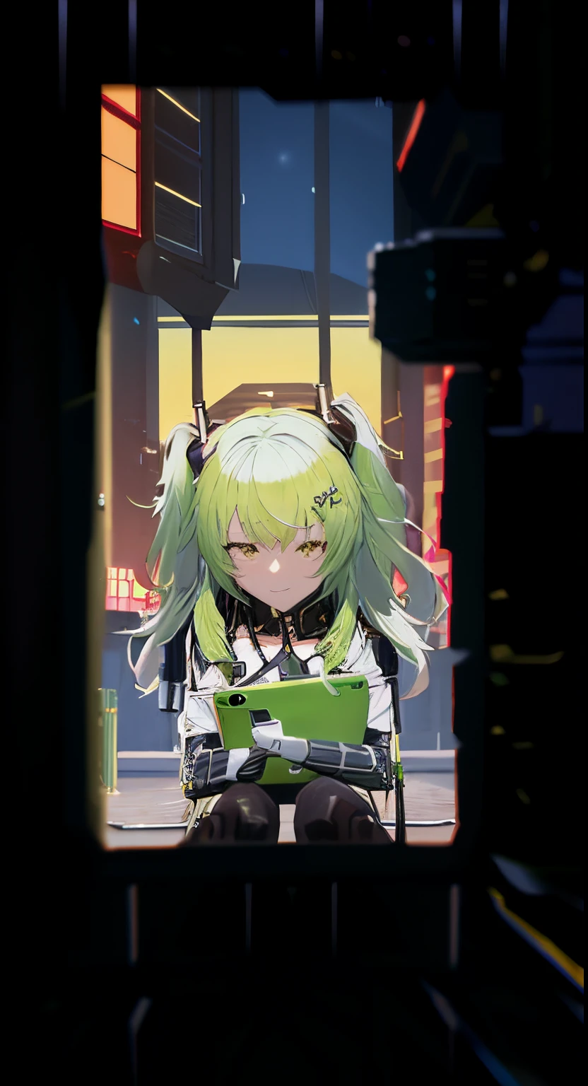anime girl with a green laptop in front of a building, Melhor Anime 4K Konachan Wallpaper, portrait anime space cadet girl, android heroine, de arknights, arte digital do anime cyberpunk, estilo anime 4K, Estilo de arte ufotable, Universo Girls Frontline, arte oficial altamente detalhada, cyberpunk digital - arte de anime, Anime Garota do Futuro, anime moe artstyle