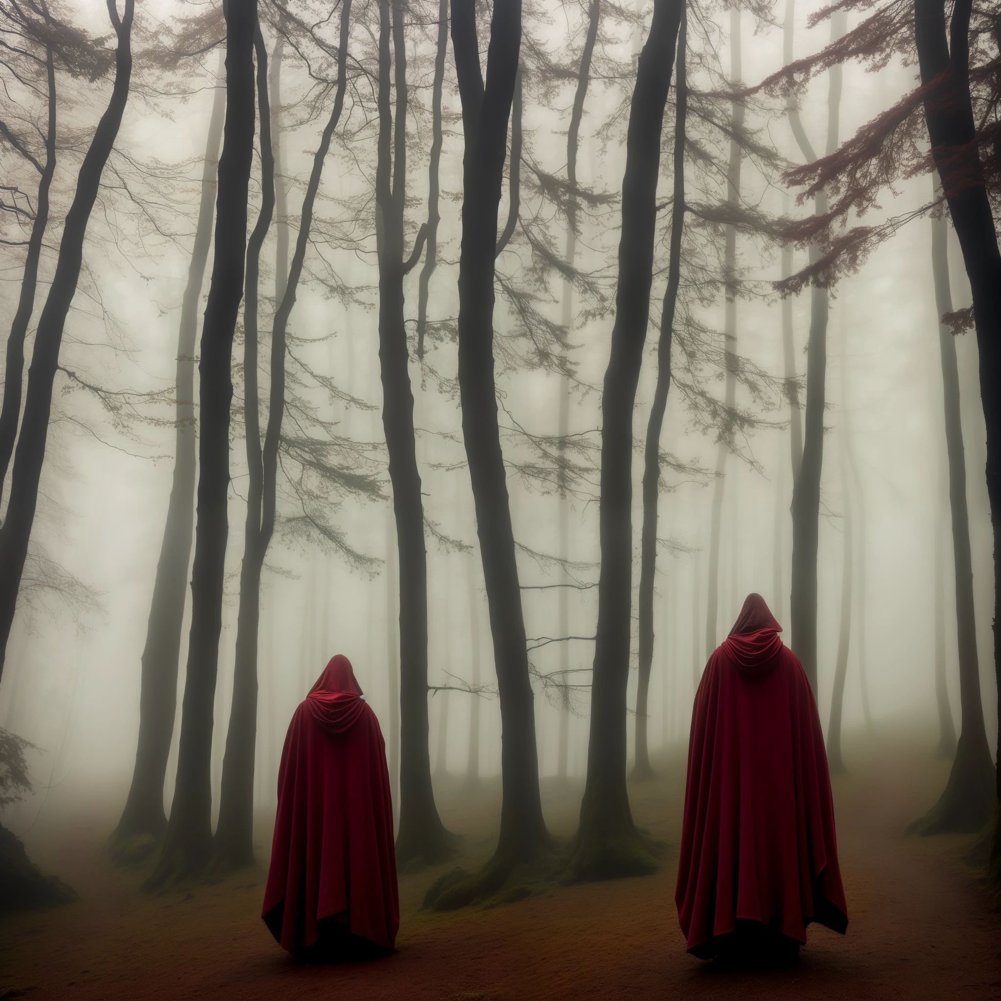 Picture of a man in Arafad cloak walking in the fog, Surreal hooded character, Surreal mysterious atmosphere, Mysterious Man, figure wearing dark cloak, shrouded figure, Get lost in a dreamy fairytale landscape, Mysterious woman, Mysterious orange mist, in a surreal dream landscape, cloak woman, red fog, Wearing a flowing cloak, standing in the mystical forest