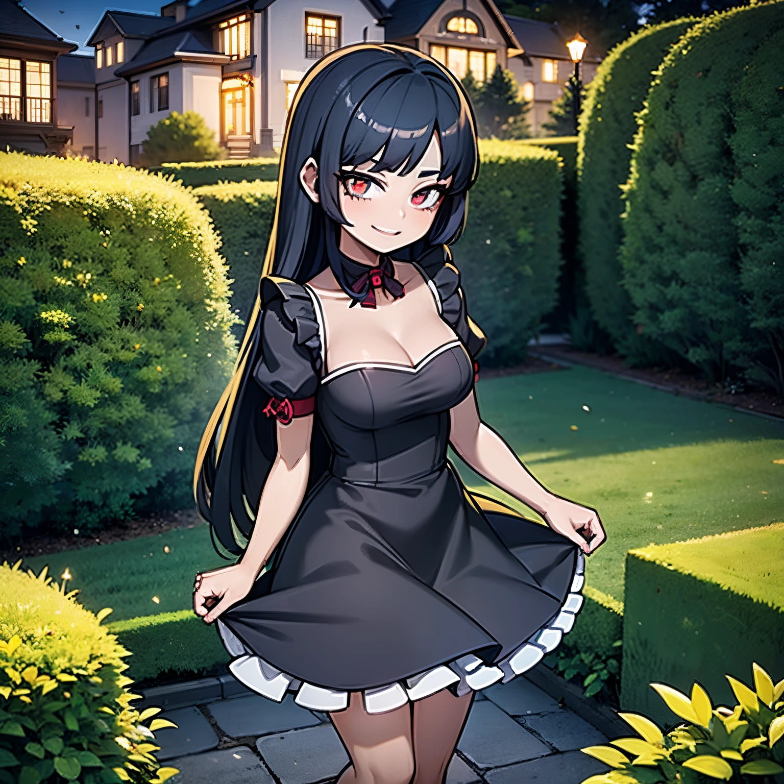 1Young woman, anime, dark blue hair, red shinning eyes, black maid dress, black dress, smiling, in a garden, night, blue moonlight, mansion behind, beautiful atmosphere, 4k, masterpiece, highlights,