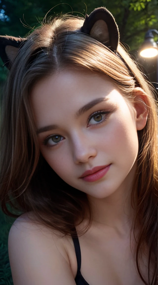 (1girl), Solo, Extremely cute, Amazing face and eyes, (Beautiful lovely smile), (gorgeous women), Blonde hair, (extremely detailed beautiful face), (golden slip), (small breast), dark pink shiny lips, athletic glamorous body, (Best Quality:1.4), (Ultra-detailed), (A hyper-realistic, Photorealsitic:1.37), Beautiful fair pink skin, extremely detailed CG unified 8k wallpaper, RAW Photos, professional photograpy, Cinematic lighting, dense woods, (nighttime scene, Quiet Night forest:1.2), (ferocious beast:1.5), (Silence, night sky:1.3),