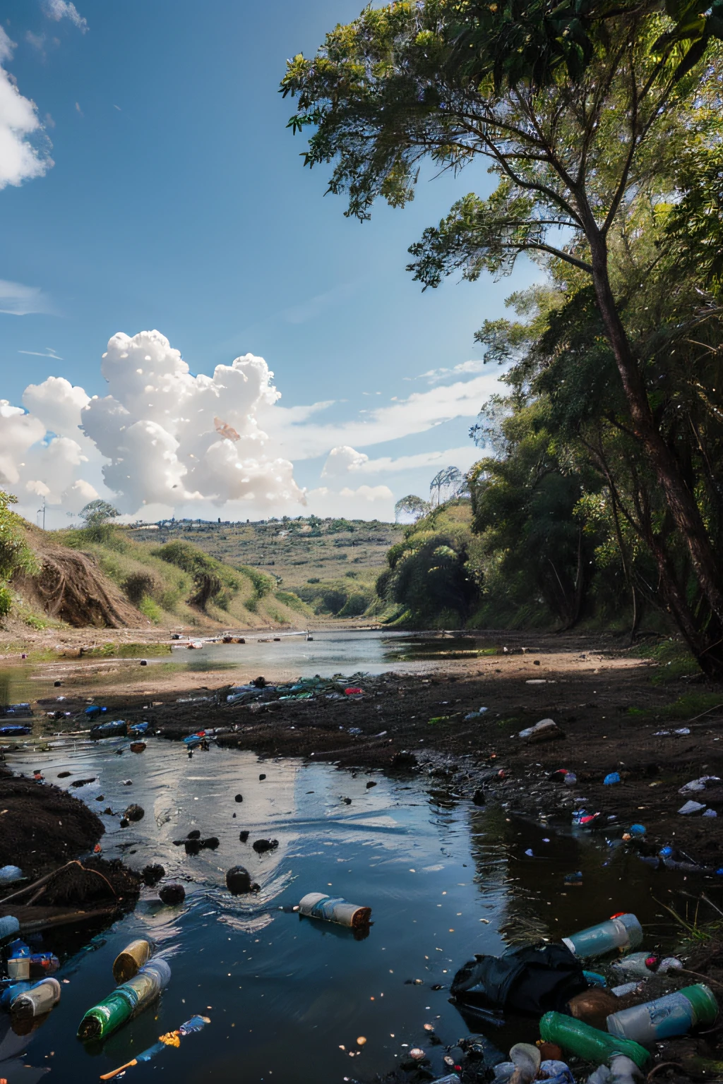 create a landscape showing pollution with lots of rubbish piled up, discarded in the river water in the foreground of the featured image, well lit with blue sky and typical vegetation of the Brazilian cerrado, palmeiras, The river should flow in a valley showing in the foreground a curve where some packaging was discarded into the river and types of garbage such as plastic bags, plastic bottles, Latas, entre outros, are polluting the water. The camera position must be from bottom to top,