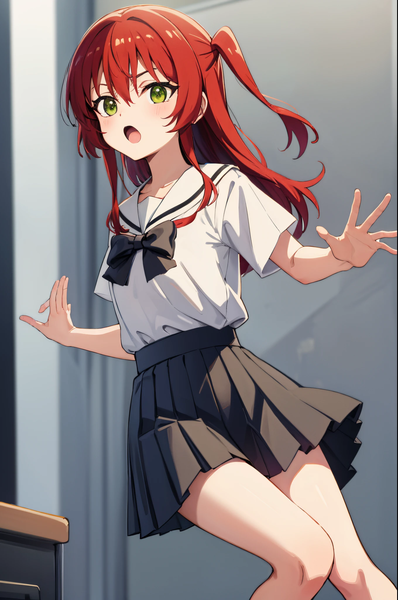 kitaikuyo, ikuyo kita, (green eyes:1.5), hair between eyes, long hair, one side up, red hair, (flat chest:1.2),
BREAK black footwear, black skirt, grey sailor collar, pleated skirt, sailor collar, school uniform, shoes, short sleeves, shuka high school uniform, skirt,,
BREAK looking at viewer,
BREAK indoors, classroom,
BREAK (masterpiece:1.2), best quality, high resolution, unity 8k wallpaper, (illustration:0.8), (beautiful detailed eyes:1.6), extremely detailed face, perfect lighting, extremely detailed CG, (perfect hands, perfect anatomy),up chest.big breasts.Sad face.open mouth.fighting stance