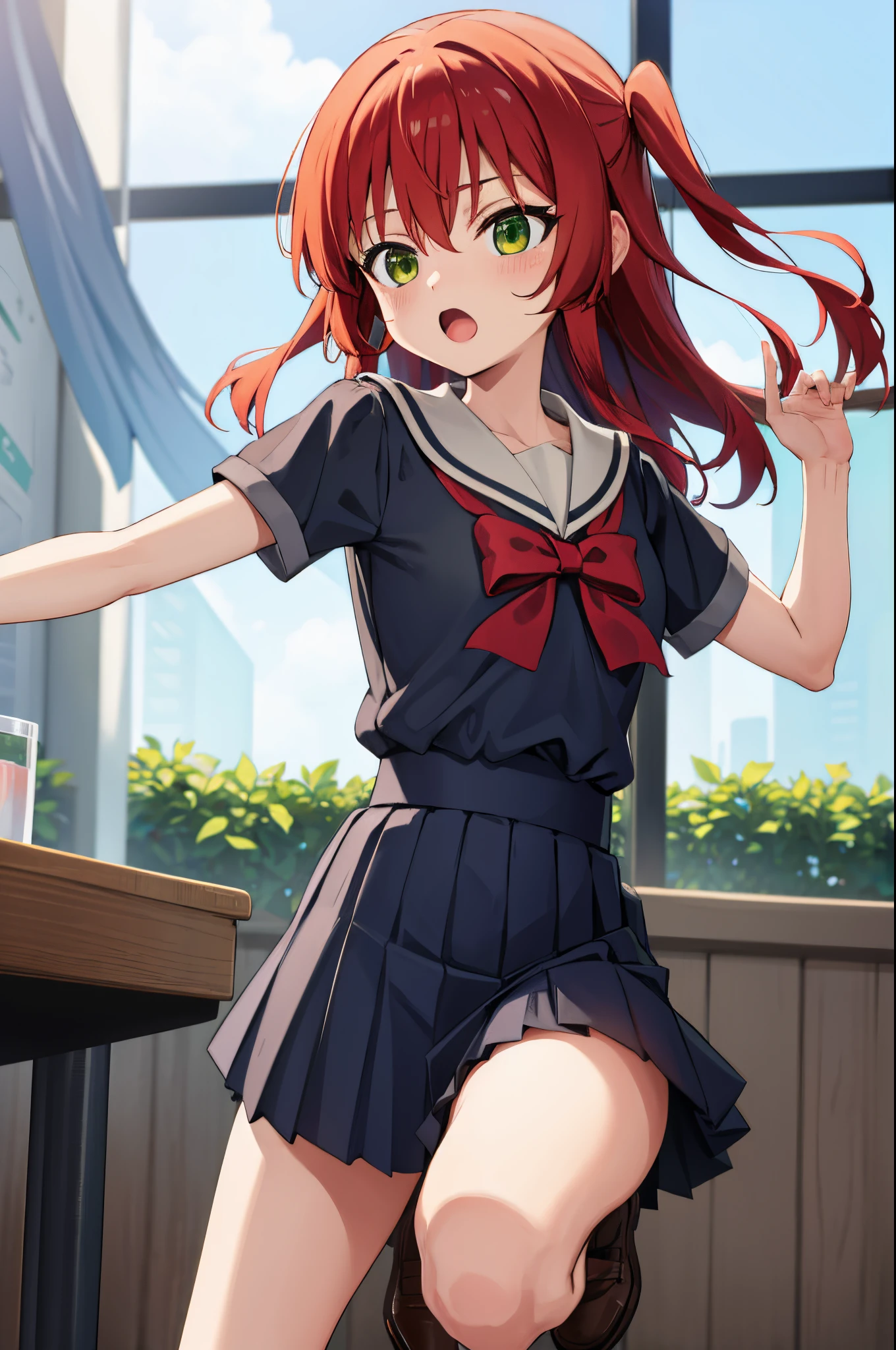 kitaikuyo, ikuyo kita, (green eyes:1.5), hair between eyes, long hair, one side up, red hair, (flat chest:1.2),
BREAK black footwear, black skirt, grey sailor collar, pleated skirt, sailor collar, school uniform, shoes, short sleeves, shuka high school uniform, skirt,,
BREAK looking at viewer,
BREAK indoors, classroom,
BREAK (masterpiece:1.2), best quality, high resolution, unity 8k wallpaper, (illustration:0.8), (beautiful detailed eyes:1.6), extremely detailed face, perfect lighting, extremely detailed CG, (perfect hands, perfect anatomy),up chest.big breasts.Sad face.open mouth.fighting stance