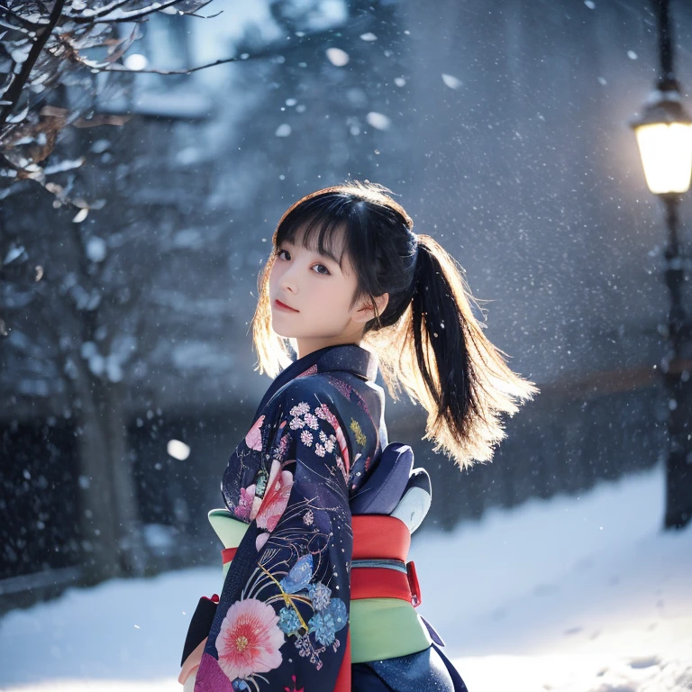 (Kimono)、、(top-quality,masterpiece:1.3,超A high resolution,),(ultra-detailliert,Caustics),(Photorealsitic:1.4,RAW shooting,)Ultra-realistic capture,A highly detailed,high-definition16Kfor human skin、 Skin texture is natural、、The skin looks healthy with an even tone、 Use natural light and color,One Woman,japanes,,kawaii,A dark-haired,Middle hair,(depth of fields、chromatic abberation、、Wide range of lighting、Natural Shading、)、、(Falling snow:1.2)、(Hair swaying in the wind:1.2)、(Snow reflects light:1.2)、Back lighting、Random posture、(Full body composition)