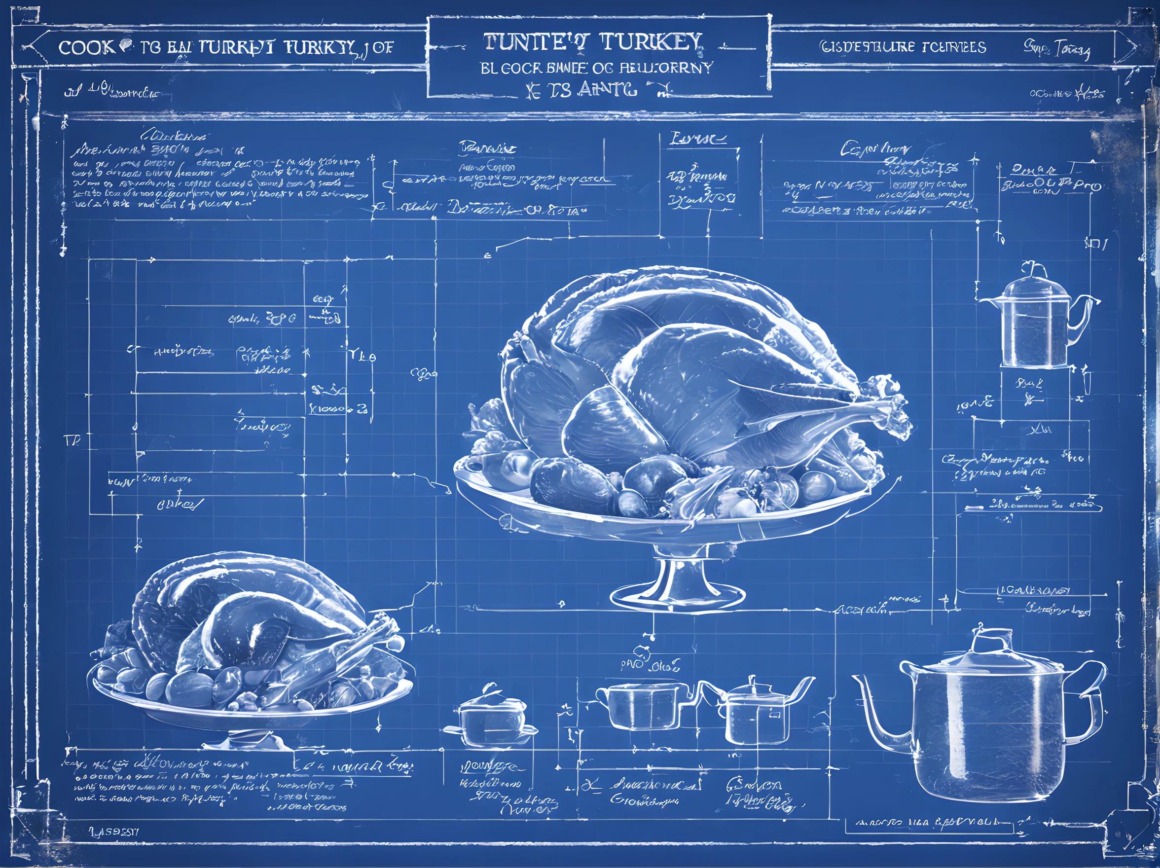 a highly detailed hyper realistic antic blueprint of how to cook turkey, bl3uprint,