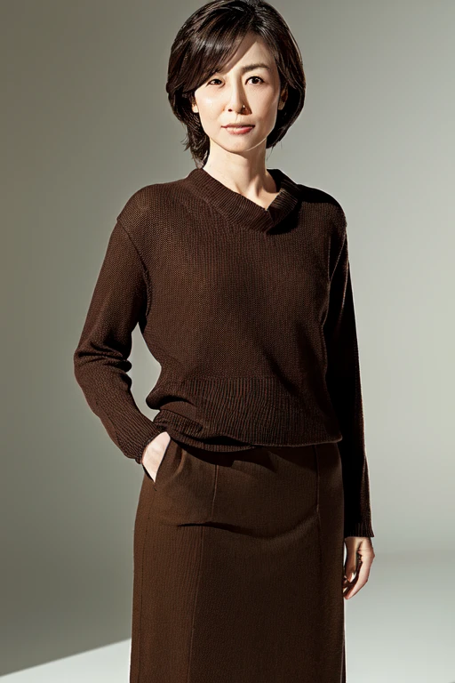 Pale solid color background,japanese mature, 30-years old, governess, Slim figure, 独奏, He stands in the center of the screen and looks straight ahead with a serious expression with his mouth and eyes closed., Sweaters, skirt by the, Composition from knees to top of head, hight resolution, high-level image quality, high detailing, Textured skin, tre anatomically correct, sharp,