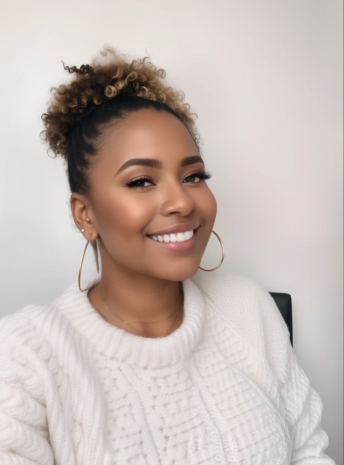 smiling woman with curly hair and a white sweater, foto de perfil headshot, com maquiagem profissional, retrato de rosto completo, retrato de alta qualidade, she is in pure bliss, detailed flawless face, foto de perfil profissional, em maquiagem profissional, foto de uma mulher negra, usando maquiagem profissional, medium close up portrait, looking to the side off camera, lindamente iluminado, Brown skin. maquiagem leve