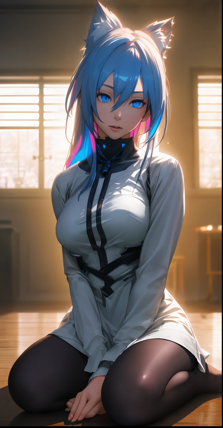 8K Ultra HD, an anime style digital illustration, tonos suaves de anime, mujer hermosa y linda escribiendo en una hoja, apoyada en una mesa, cara muy feliz, sitting in the room, colores coloridos, rosa, azul, amarillo, mujer colorida, colorful room, vestido azul claro, fantasy world, luminismo, efecto tridimensional, belleza mejorada, Albert Anker, Kyoto Animation, Greg Rutkowski, Artgerm, WLOP, Alphonse Beeple, luminismo, renderizado 3D, renderizado de octanaje, isometric, amazing colors,