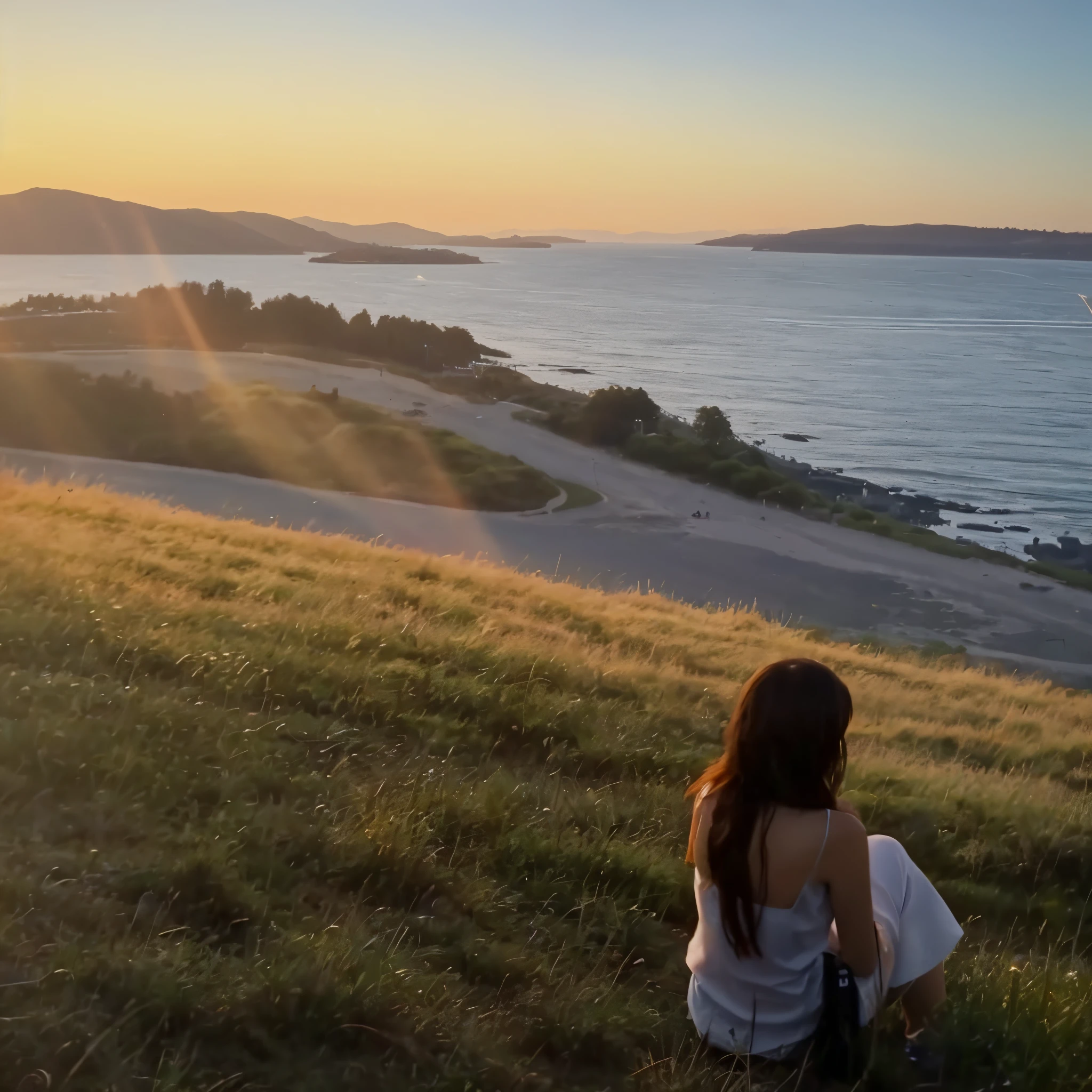 There is a woman sitting on the mountain looking at the water, Girl watching sunset, 4 0 9 6, Seattle is completely wasted, Summer evening, person in foreground, author:Nico Henrikong, video static, YouTube video screenshot, ( golden time ), Panorama of girls, (golden time), watching the sunset, shot at golden hour, prime time