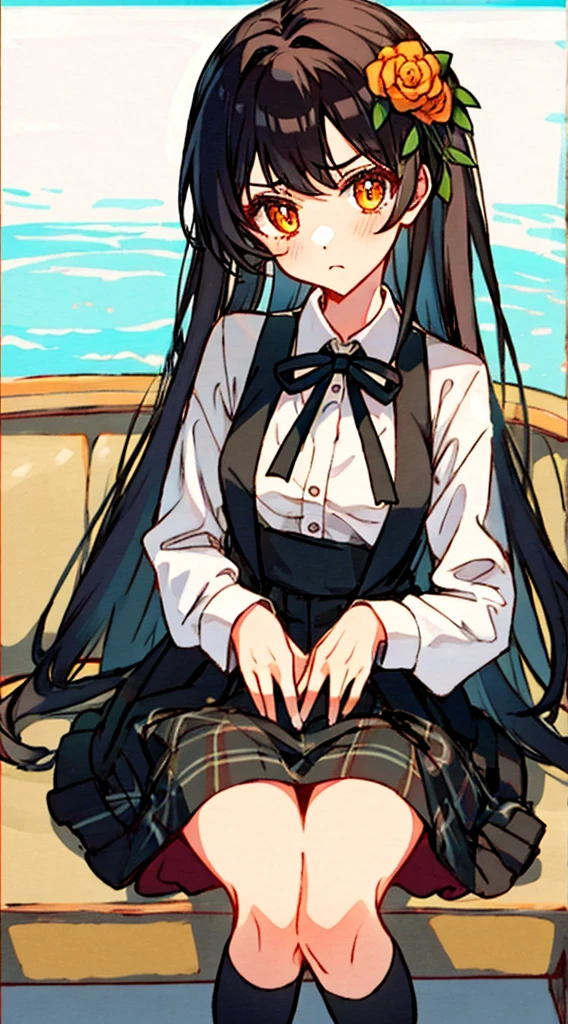 Hori Kyouko, 1 girl, black skirt, black stockings, brown hair, married, collared dress, one-piece dress, hime hair, long hair, long sleeves, looking at viewer, orange eyes, princess dress, sitting, skirt, solo, thigh highs, plaid dress, Hori Kyouko, in her one-piece dress and cropped brown hair, is visibly uncomfortable. Sitting alone, her orange eyes stare angrily at the viewer, conveying an intense sense of disgust. Although her princess dress and plaid skirt are charming, her facial expression clearly reveals her discomfort and frustration. At this moment, tranquility and elegance have given way to a defiant and annoying attitude, creating an aura of tension in the air.