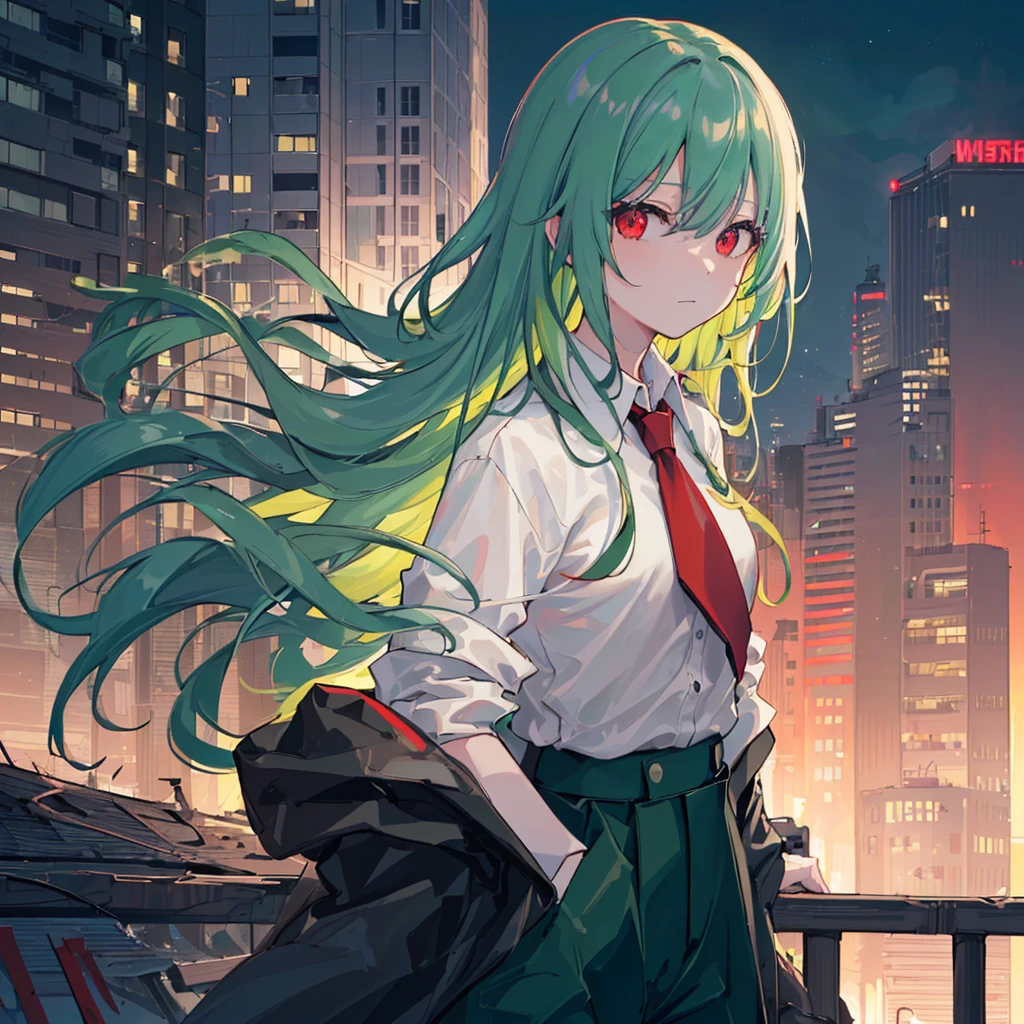 1girl in, 独奏, Lori, 小柄,(Night_skyporn), (very_long_Green_hair), Braids, (Red_Eyes), Medium_breasts, (white_Shirt:1.5), (windbreaker), (portlate), blazing_Eyes, Background_light, (Cityscape:1.5), (neons_A light:1.2), (scienc), cyberpunked, ((​masterpiece)), (Hi-Res), (best_quality), (highly_Detailed), (Original),(Delicate background),(Very detailed 8k wallpaper),cinematlic lighting, Volume Lighting, light Particle, Shaded_Face, Beautiful_Detailed_Eyes, Depth_in the_field、point of view、frontage