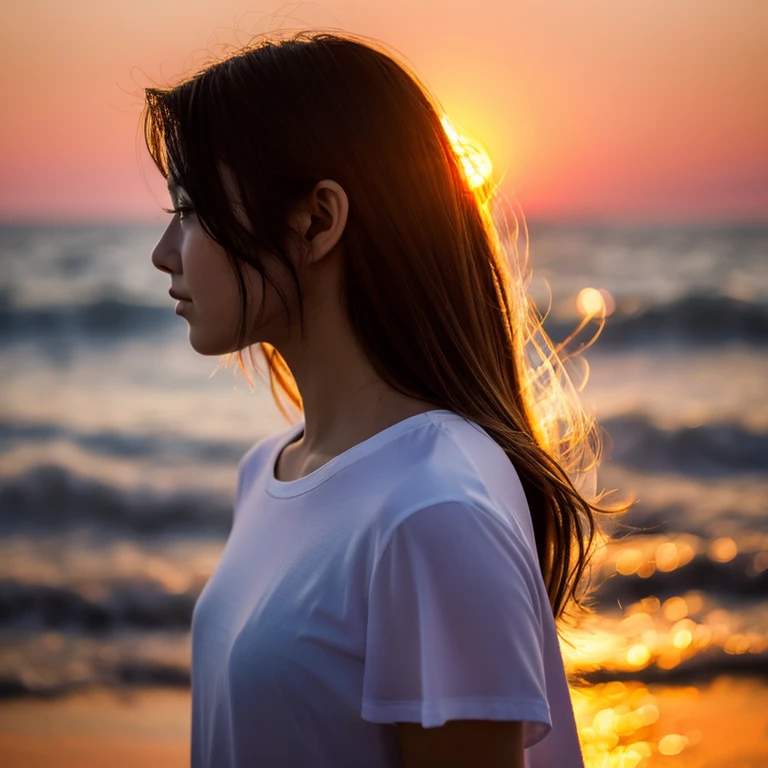 Profile looking at the sea、deadpan、sea side、((vague))(Off-beach、)(a very delicate and beautiful)、((Sit down))((The background feels dark))、a very delicate and beautiful)、(Golden hair)(Pulling angle)(tshirts)、dynamic ungle、portlate)、(smooth hair)、(Big eyes)Beautiful expression、de pele branca、depth of fields、radiant lips、sad、(mournful)Sunset background、