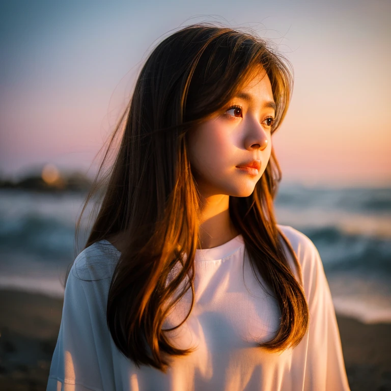 Profile looking at the sea、deadpan、sea side、((vague))(Off-beach、)(a very delicate and beautiful)、((Sit down))((The background feels dark))、a very delicate and beautiful)、(Golden hair)(Pulling angle)(tshirts)、dynamic ungle、portlate)、(smooth hair)、(Big eyes)Beautiful expression、de pele branca、depth of fields、radiant lips、sad、(mournful)Sunset background、