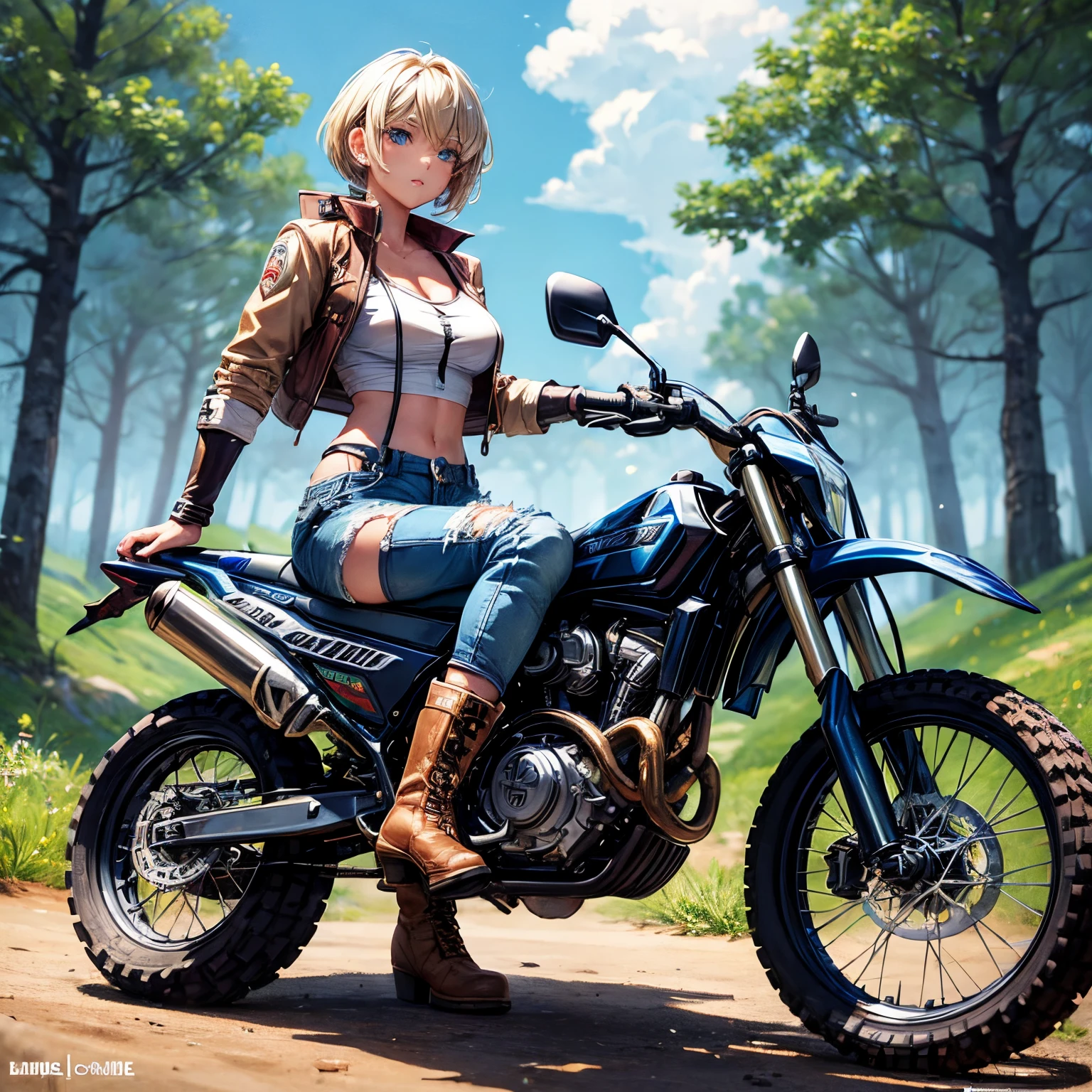 ((((tmasterpiece)))), high high quality, extremely_tall_settle down, bigger_filesize, many color, Steampunk featuring a futuristic planet,, in a remote forest, Lively exotic market, and an off-road vehicle. The protagonist is a girl with a stunning upper body, blonde with blue eyes, a short bob, silver smile, Mechanized weapons. Wear a white vest, Distressed denim shorts, engineer boots, and riding dirt bikes. Big breasts are beautiful,