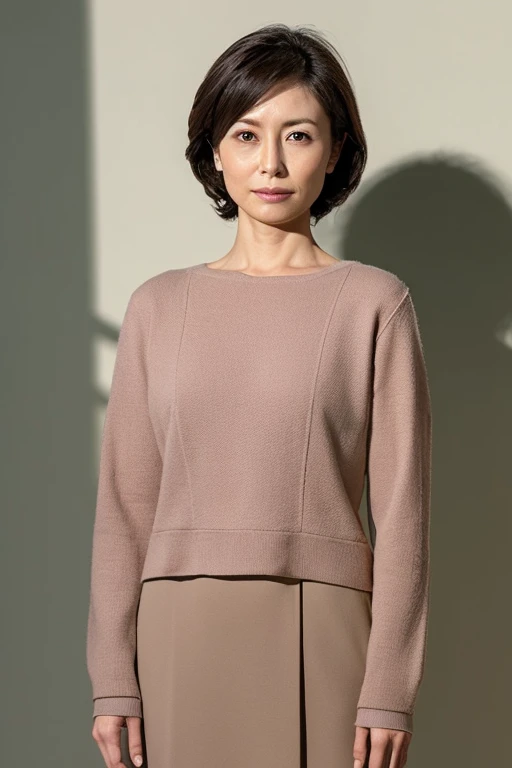 Pale solid color background,japanese mature, 30-years old, governess, Slim figure, 独奏, ((He stands in the center of the screen and looks straight ahead with a serious expression with his mouth and eyes closed.)), Sweaters, skirt by the, Composition from knees to top of head, hight resolution, high-level image quality, high detailing, Textured skin, tre anatomically correct, sharp,