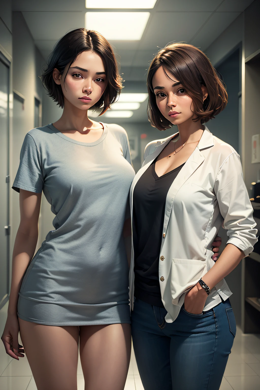 mother and daughter in casual clothes Hair is short Standing side by side Background is a laboratory, nffsw, retinas, masutepiece, ccurate, Anatomically correct, Textured skin, Super Detail, high details, High quality, awardwinning, Best Quality, hight resolution