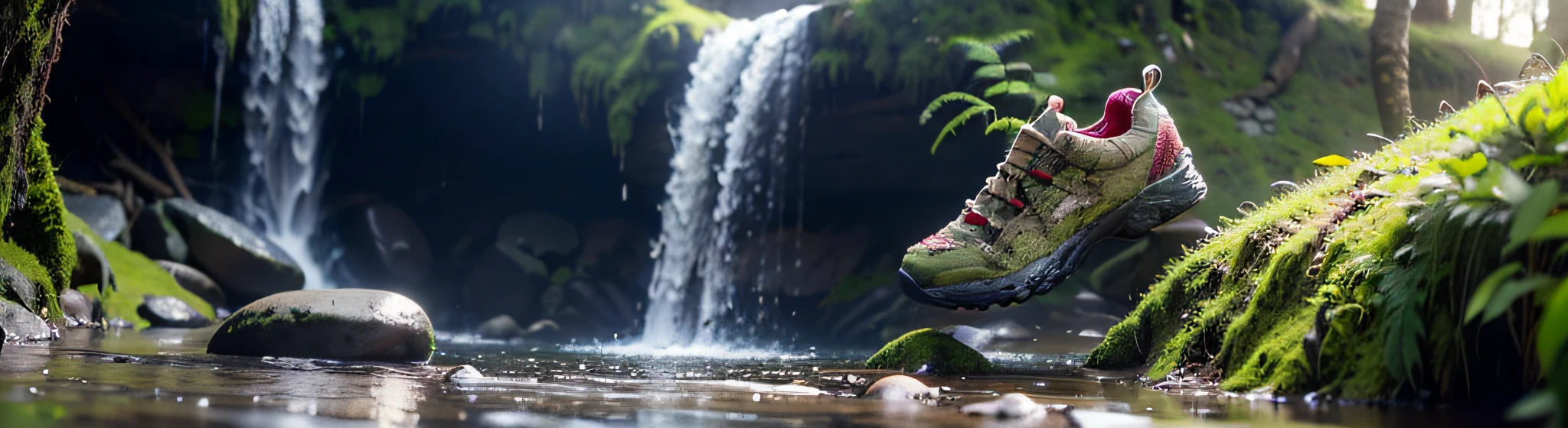 shoes on stone，There are waterfalls and springs next to the stones，moss on stone，Cinematic light and shadow，high high quality，ultra - detailed，Ray traching，with a simple background