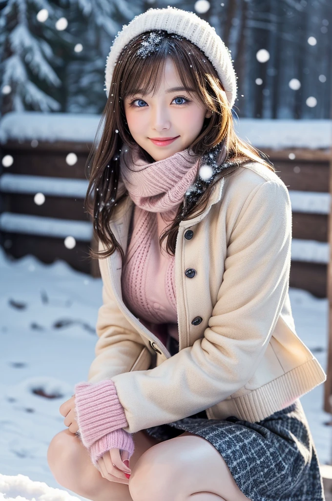 (masutepiece:1.3, Photorealsitic:1.4, 8K), top-quality, masterpiece, 超A high resolution, Perfect dynamic composition, Highly detailed skin and facial texture:1.3, A detailed eye, Detailed limbs, Winters, (snowflakes falling:1.2), Snowfall landscape at night:1.2, 1girl in, Cute sexy 25 year old slim woman, Fair skin, (Snow fell on my body and clothes:1.2), ((A smile:0.9, Totally captivates you:1.0)), (Thick short jacket over pink long sleeve mohair knit sweater:1.3, Tweed Mini Skirt:1.1), ((voluptuous breasts:1.05)), Short boots, (Facing the front, bend your knees and squat on the snow), (Beautiful blue eyes, Eyes that feel beautiful eros:0.85), Sexy face:0.4, (A mouthfeel that feels beautiful eros:0.85), ((ultimate beauty:0.9))