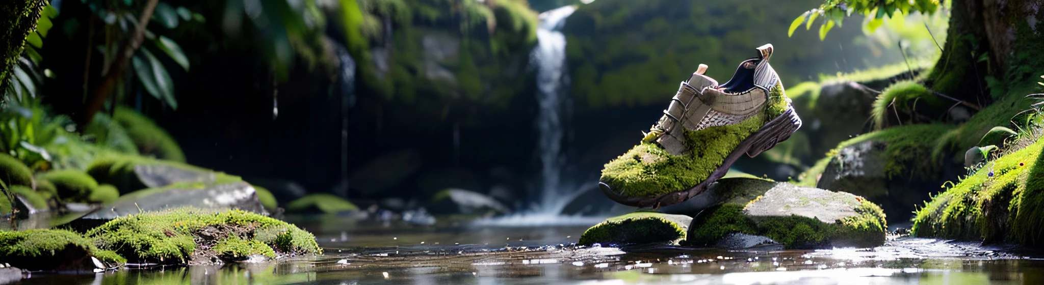 shoes on stone,There are waterfalls and springs next to the stones,moss on stone,Cinematic light and shadow,high high quality,ultra - detailed,Ray traching,with a simple background