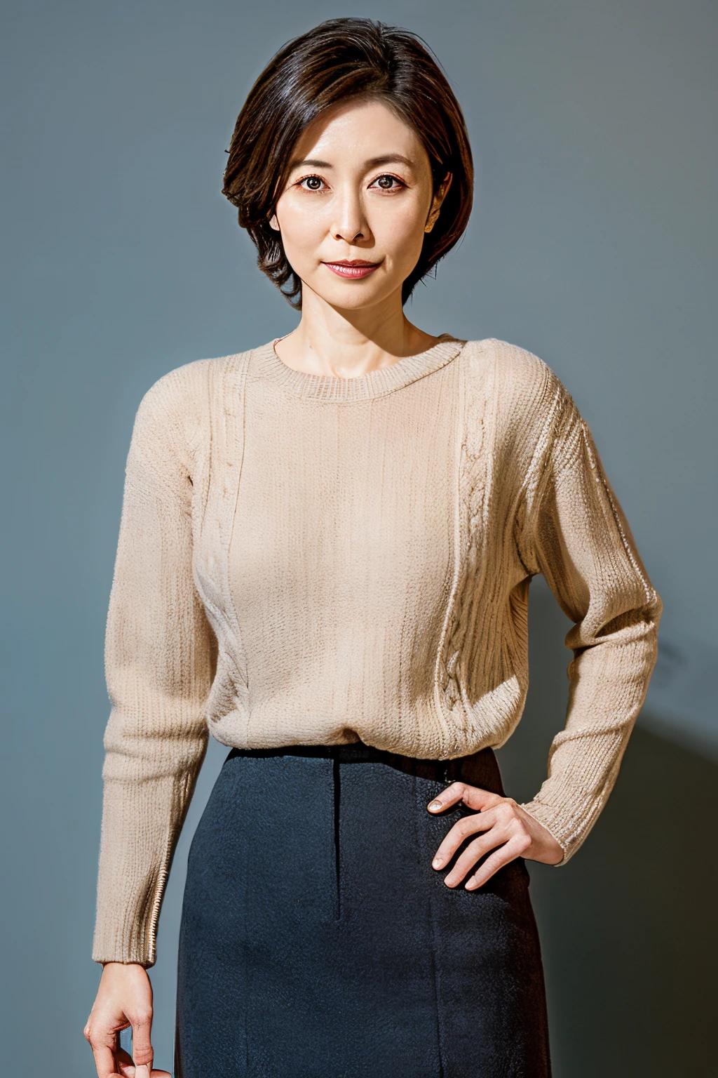 Pale solid color background,japanese mature, 30-years old, governess, Slim figure, 独奏, He stands in the center of the screen and looks straight ahead with a serious expression with his mouth and eyes closed., Sweaters, skirt by the, Composition from knees to top of head, hight resolution, high-level image quality, high detailing, Textured skin, tre anatomically correct, sharp,