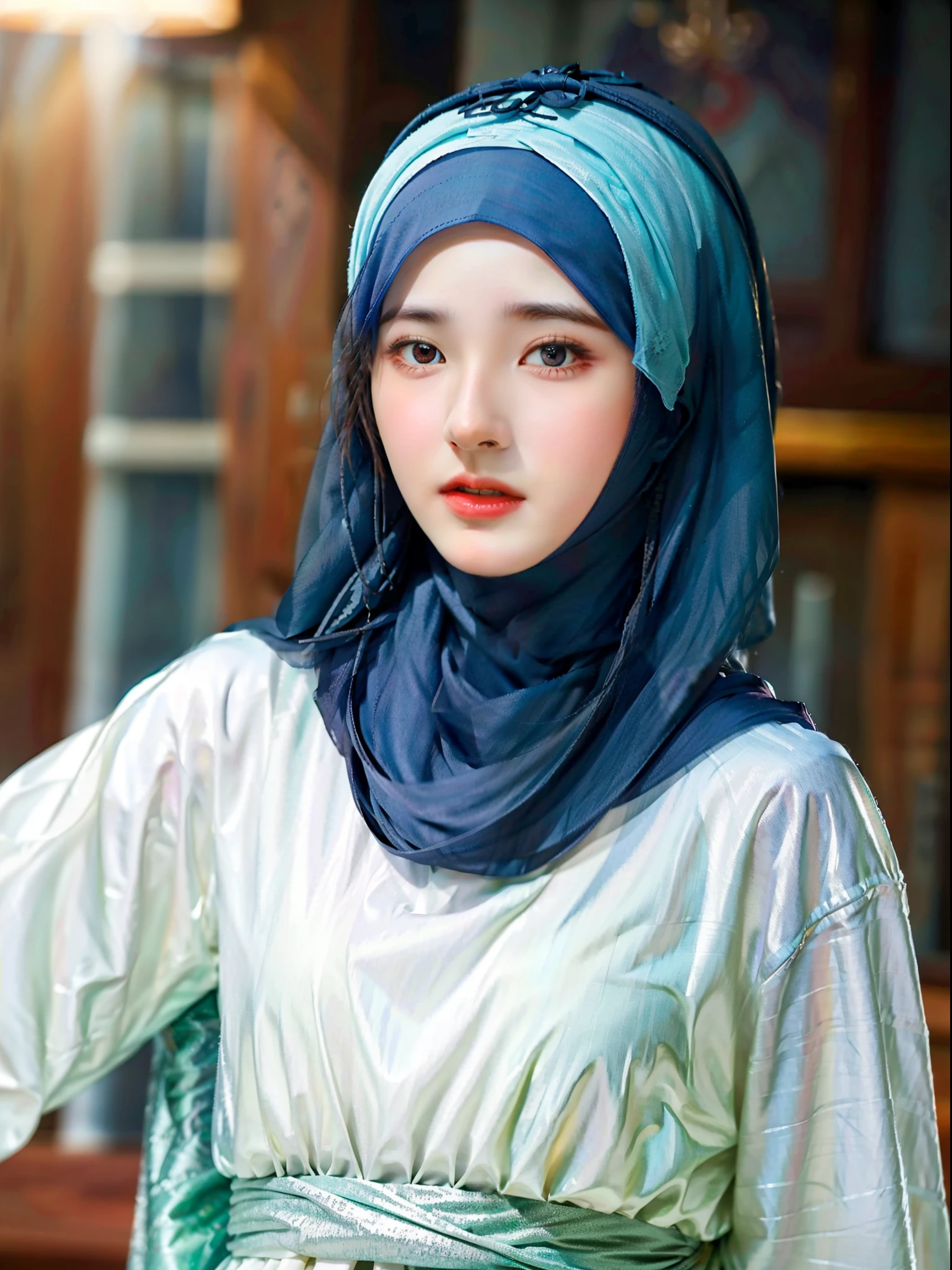 best quality, masterpiece, highres, (moslem female dress:1.4), necklace, Beautiful face, (upon body from head to waist:1.37), tyndall effect, photorealistic, dark studio, rim lighting, two tone lighting, 8k uhd, dslr, soft lighting, high quality, volumetric lighting, candid, Photograph, high resolution, 4k, 8k, Bokeh, (hyperrealistic girl), (illustration), (high resolution), (extremely detailed), (best illustration), (beautiful detailed eyes), (best quality), (ultra-detailed), (masterpiece), (wallpaper), (photorealistic), (natural light), (rim lighting), (detailed face), (high detailed realistic skin texture), (anatomically correct), (solo), (1 girl), (heterochromic eyes), (detailed eyes), (sparkling eyes), (long legs), (dynamic pose), (concentrated expression), (wearing hijab:1.4), (moslem headscarf:1.37), reading glasses.