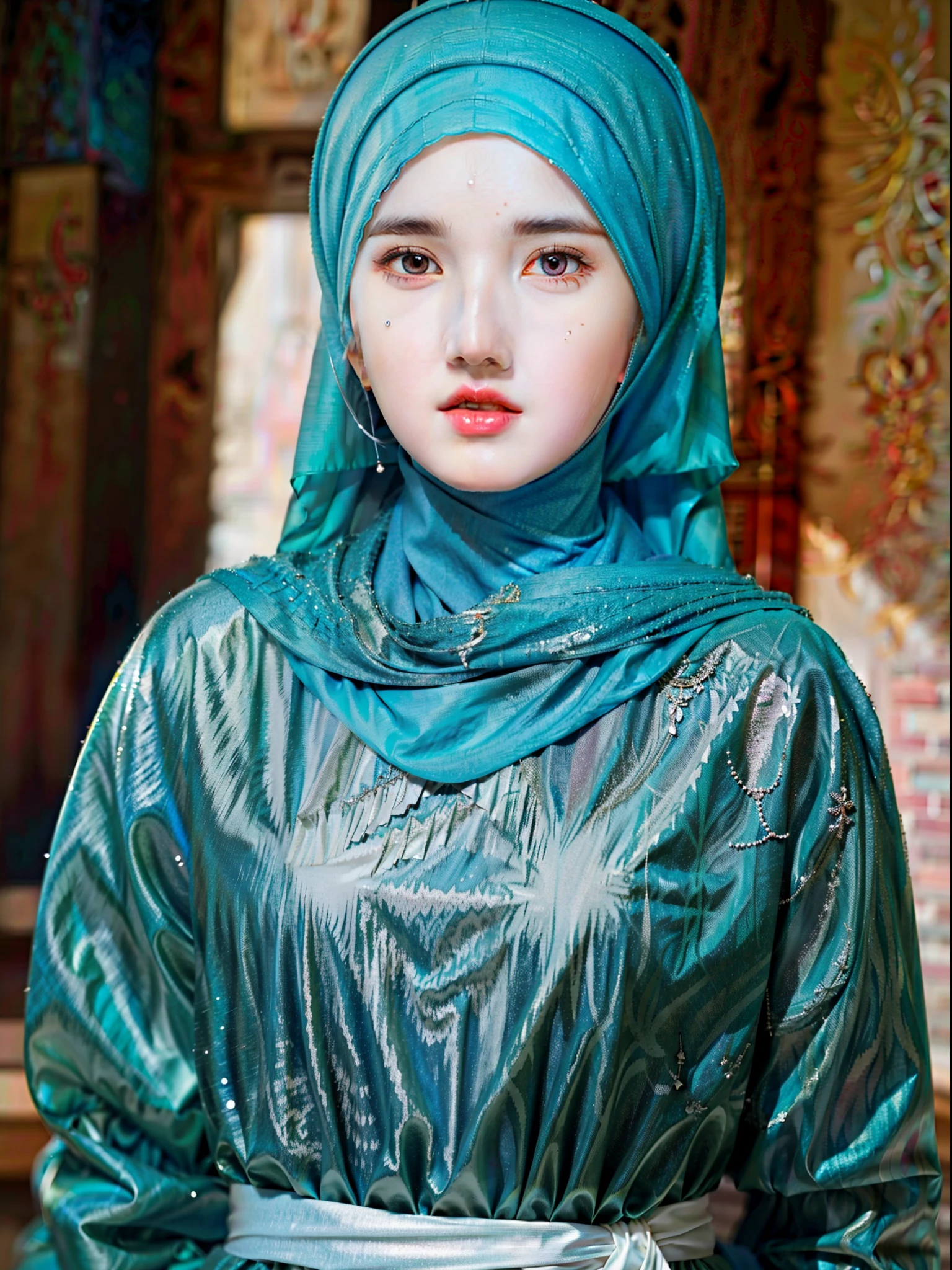 best quality, masterpiece, highres, (moslem female dress:1.4), necklace, Beautiful face, (upon body from head to waist:1.37), tyndall effect, photorealistic, dark studio, rim lighting, two tone lighting, 8k uhd, dslr, soft lighting, high quality, volumetric lighting, candid, Photograph, high resolution, 4k, 8k, Bokeh, (hyperrealistic girl), (illustration), (high resolution), (extremely detailed), (best illustration), (beautiful detailed eyes), (best quality), (ultra-detailed), (masterpiece), (wallpaper), (photorealistic), (natural light), (rim lighting), (detailed face), (high detailed realistic skin texture), (anatomically correct), (solo), (1 girl), (heterochromic eyes), (detailed eyes), (sparkling eyes), (long legs), (dynamic pose), (concentrated expression), (wearing hijab:1.4), (moslem headscarf:1.37), reading glasses.