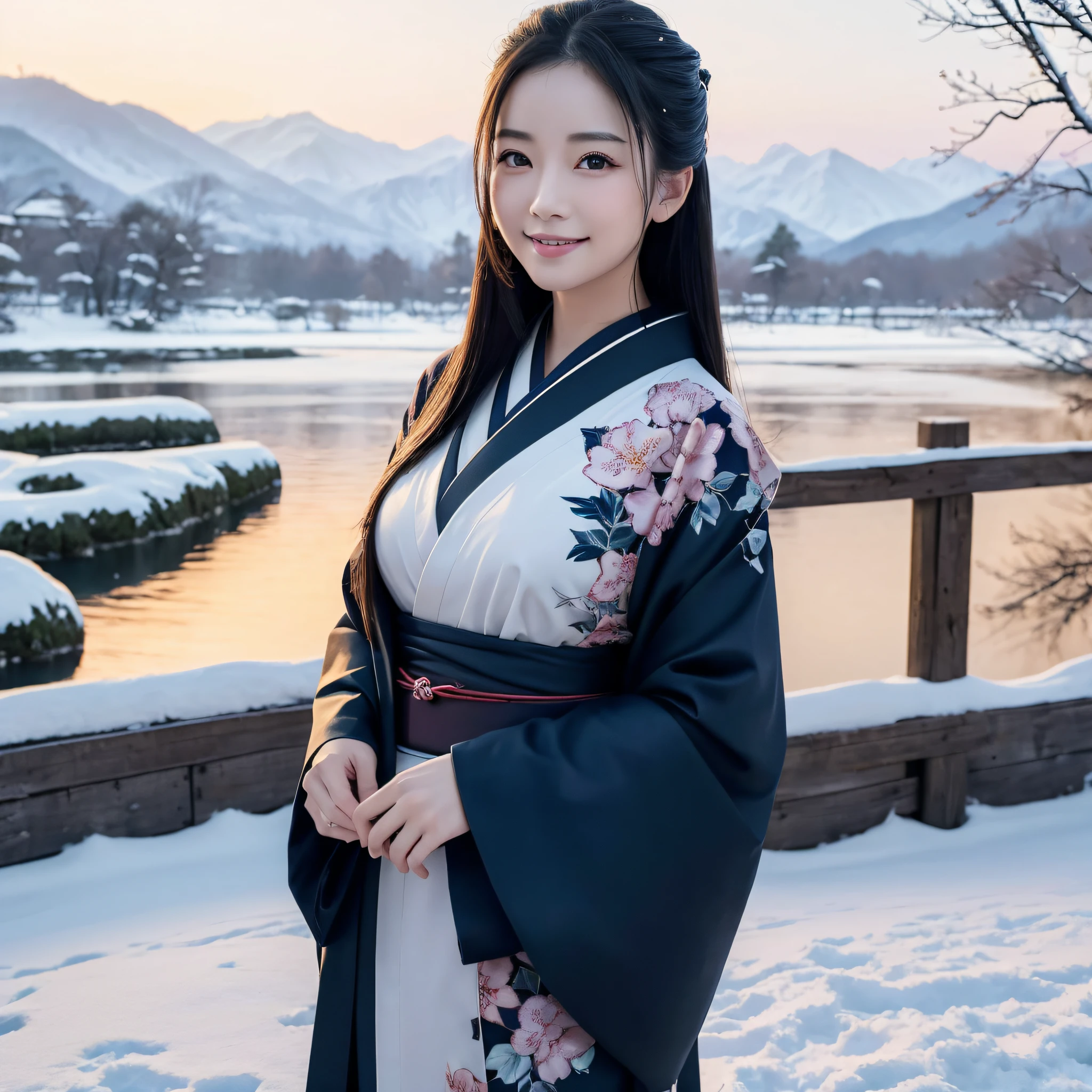 (Super beautiful woman in kimono)、((best qualtiy、8k masterpieces:1.3))、foco nítido:1.2、(ultra beautiful faces:1.0)、(shinny skin:1.0)、photos realistic、A dark-haired、Video Lighting、High-definition eyes and face、Video Lighting、Japanese actressl、from the front side、medium breasts、With a happy smile、Slender Abs Beauty、Whole body、wearing kimonos、In a snowy landscape in the middle of winter、highest grade obi
