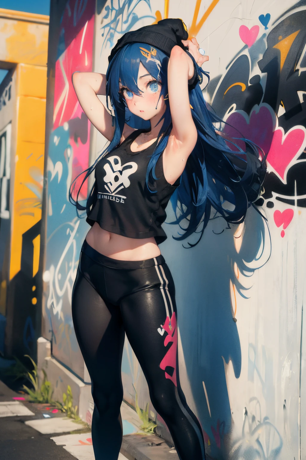 (masterpiece:1.2、top-quality)、(graffiti wall:1.2)、1lady、Beanie、jaket、leggins、blue eyess、full body Esbian、yogapose、,Single 1 Girl,Embarrassment to look away,White short socks,with a good figure,sport tank top,black yoga pants, sweat leggs ,Heart of Love