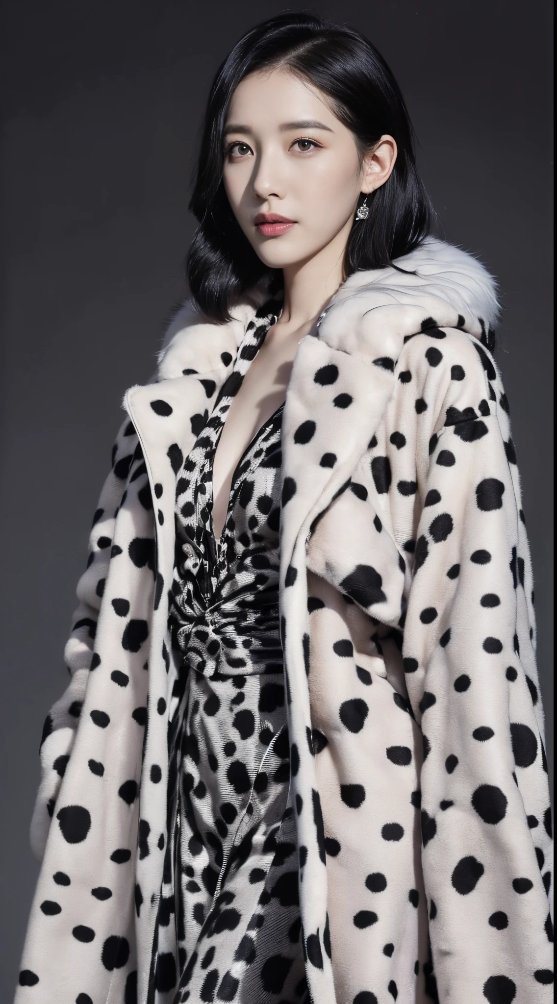 (dalmatian pattern fur long coat:1.4),Japan beauties、Complete top quality、dark backgrounds、Pitch black space、Deities々Lighting