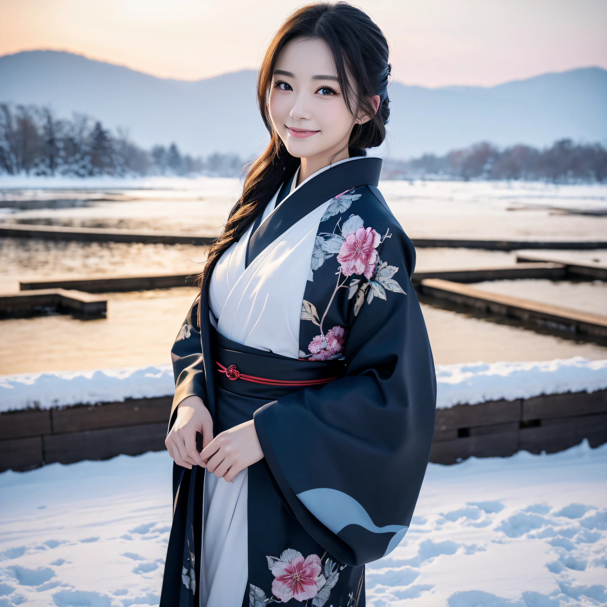 (Super beautiful woman in kimono)、((best qualtiy、8k masterpieces:1.3))、foco nítido:1.2、(ultra beautiful faces:1.0)、(shinny skin:1.0)、photos realistic、A dark-haired、Video Lighting、High-definition eyes and face、Video Lighting、Japanese actressl、from the front side、medium breasts、With a happy smile、Slender Abs Beauty、Whole body、wearing kimonos、In a snowy landscape in the middle of winter、highest grade obi