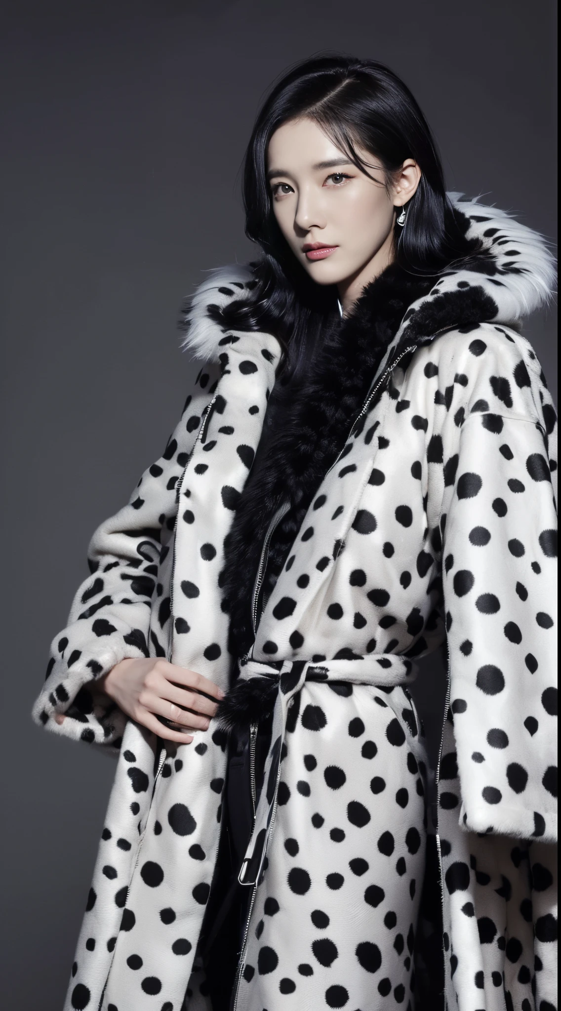 (dalmatian pattern fur long coat:1.4),Japan beauties、Complete top quality、dark backgrounds、Pitch black space、Deities々Lighting