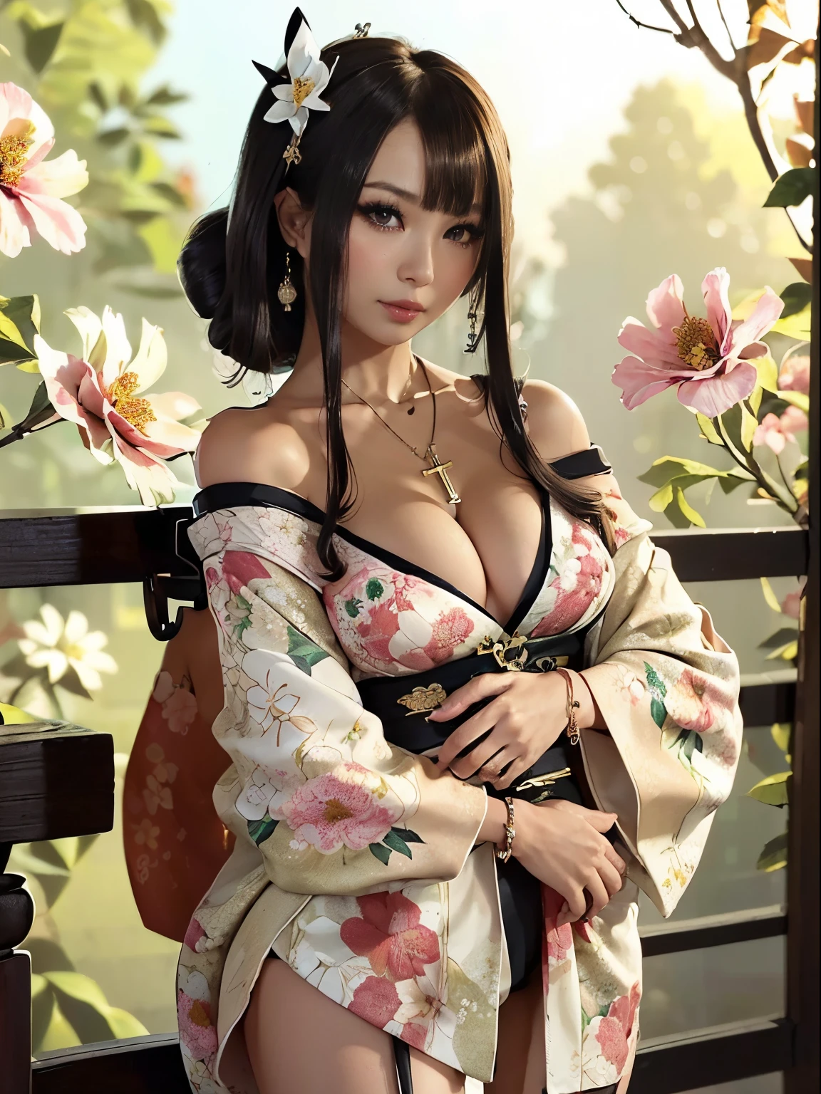 Photorealsitic、the perfect body、Ultra-high image quality、Ultra-high realistic image quality、japanes、(Off-shoulder short length floral print kimono:1.6)、(huge-breasted:1.1)、(cleavage of the breast:1.5)、Waist slender、(blondehair:1.3)、(blurry backround)、(grin)、(Gal-style thick shadow eyeliner:1.4)、(Long false eyelashes:1.2)、(Gal Style Makeup:1.2)、Gal style earrings、Gal style bracelet、(Gal Style Cross Charm Necklace、Triple Necklace:1.3)、in poolside、(Thigh up:1.3)、(sexy  pose:1.3)