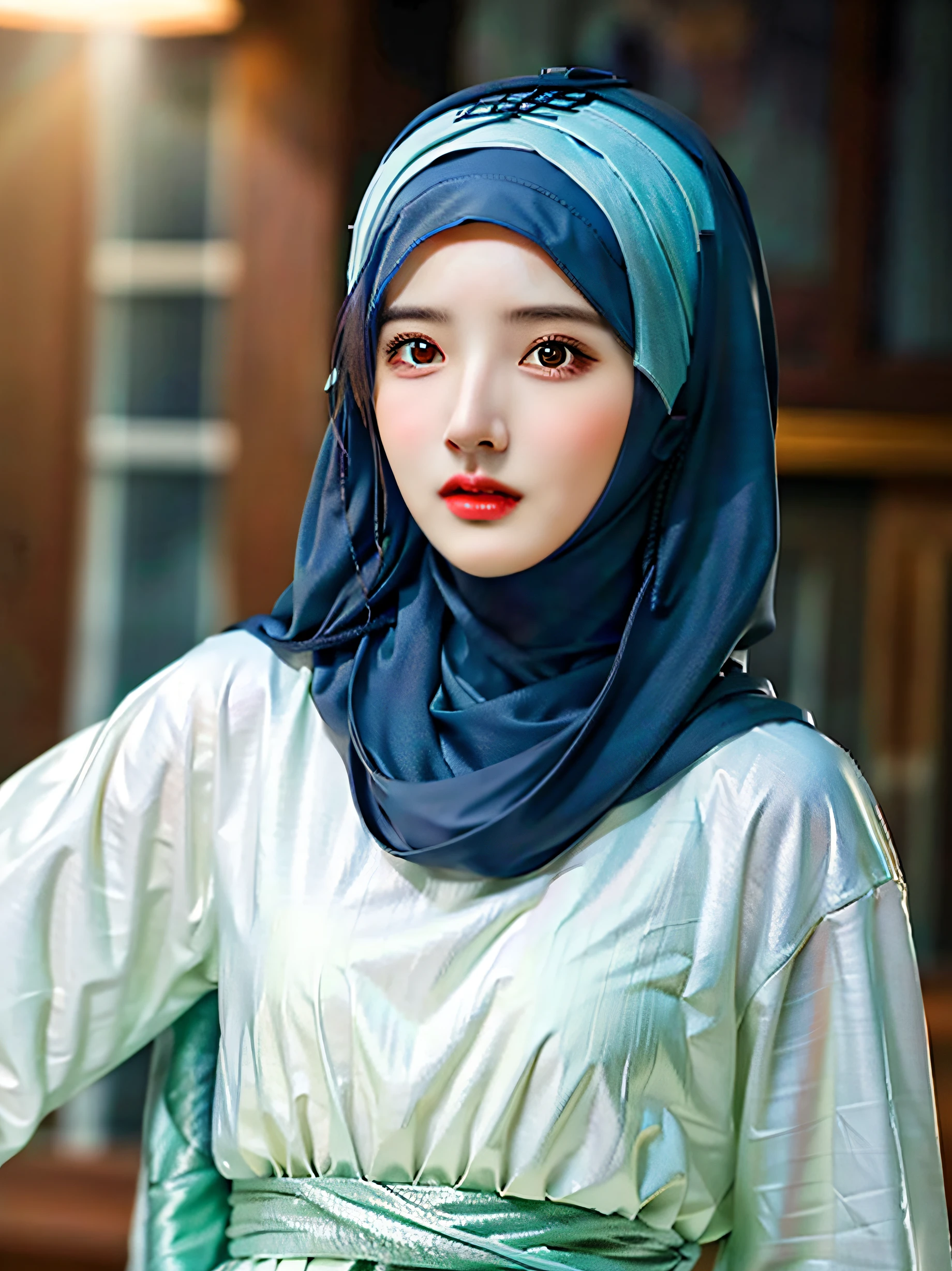best quality, masterpiece, highres, (moslem female dress:1.4), necklace, Beautiful face, (upon body from head to waist:1.37), tyndall effect, photorealistic, dark studio, rim lighting, two tone lighting, 8k uhd, dslr, soft lighting, high quality, volumetric lighting, candid, Photograph, high resolution, 4k, 8k, Bokeh, (hyperrealistic girl), (illustration), (high resolution), (extremely detailed), (best illustration), (beautiful detailed eyes), (best quality), (ultra-detailed), (masterpiece), (wallpaper), (photorealistic), (natural light), (rim lighting), (detailed face), (high detailed realistic skin texture), (anatomically correct), (solo), (1 girl), (heterochromic eyes), (detailed eyes), (sparkling eyes), (long legs), (dynamic pose), (concentrated expression), (wearing hijab:1.4), (moslem headscarf:1.37), reading glasses.