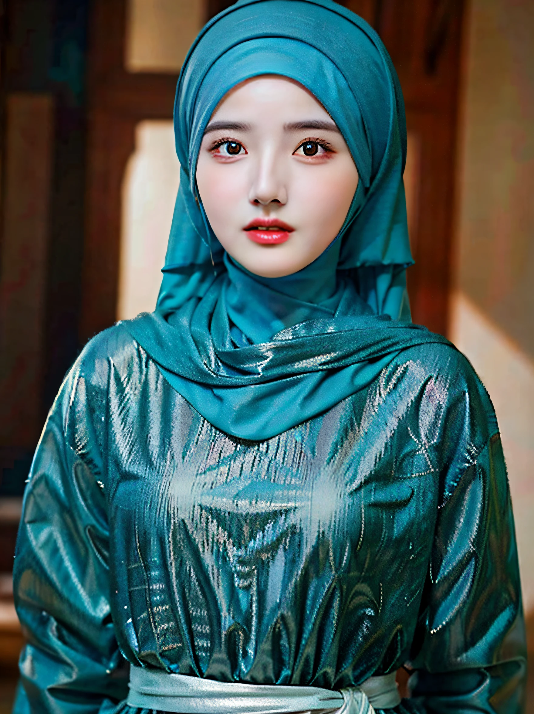 best quality, masterpiece, highres, (moslem female dress:1.4), necklace, Beautiful face, (upon body from head to waist:1.37), tyndall effect, photorealistic, dark studio, rim lighting, two tone lighting, 8k uhd, dslr, soft lighting, high quality, volumetric lighting, candid, Photograph, high resolution, 4k, 8k, Bokeh, (hyperrealistic girl), (illustration), (high resolution), (extremely detailed), (best illustration), (beautiful detailed eyes), (best quality), (ultra-detailed), (masterpiece), (wallpaper), (photorealistic), (natural light), (rim lighting), (detailed face), (high detailed realistic skin texture), (anatomically correct), (solo), (1 girl), (heterochromic eyes), (detailed eyes), (sparkling eyes), (long legs), (dynamic pose), (concentrated expression), (wearing hijab:1.4), (moslem headscarf:1.37), reading glasses.