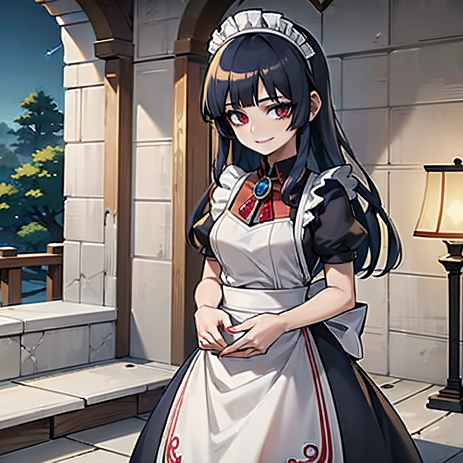 1Young woman, anime, dark blue hair, red shinning eyes, maid dress, black dress, smiling, in a garden, night, blue moonlight, castle in island behind, beautiful atmosphere, 4k, masterpiece, highlights