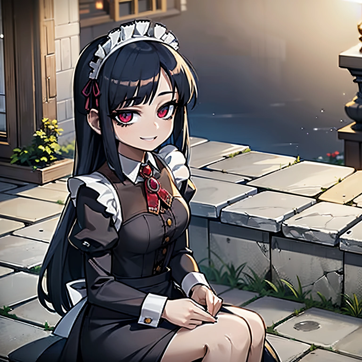 1Young woman, anime, dark blue hair, red shinning eyes, maid dress, black dress, smiling, in a garden, night, blue moonlight, castle in island behind, beautiful atmosphere, 4k, masterpiece, highlights