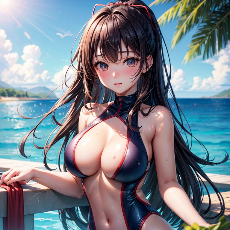 Highly detailed CG Unity 8K wallpapers、top-quality、ultra-detailliert、masterpiece、realisitic、Photo Real、extremely detailed cute girl、(25-years old)、red blush、roundly eyes、Big breasts、Close-up of face and chest、half - body shot、swimming race suit、in poolside