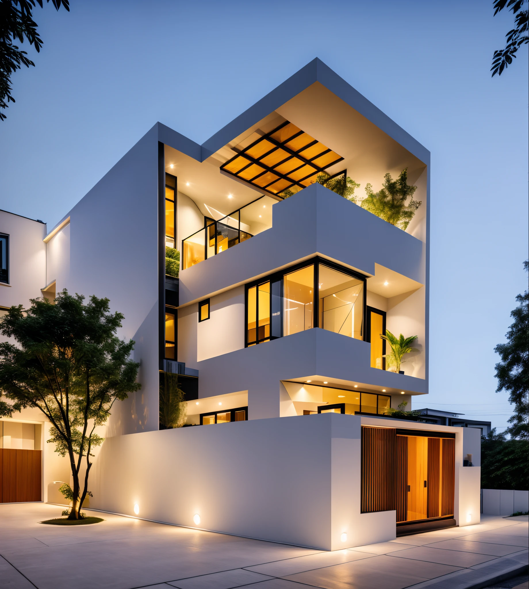 Perspective of a modern house with a large enough front yard, main materials are light yellow walls, stone and wood, a road running in front of the house, (RAW photo, real, best quality, masterpiece: 1.2), current view modern minimalist, 1 street in front of house, shime ring light, indoor brightness:1.2, dynamic lighting:1.3, (hyper-realistic, photo-realistic:1.2), high quality, daylight, contrast high:0.5 perfect light, Archdaily, contemporary masterpiece award, award winning contemporary, beautifully designed masterpiece, spacious modern mansion, modern neo-traditional, wide angle exterior 2022 , mid-century modern, contemporary home, stylish modern feel, long front view, award-winning modern design, stunning lines, residential, exquisite details, indoors gently:1.3