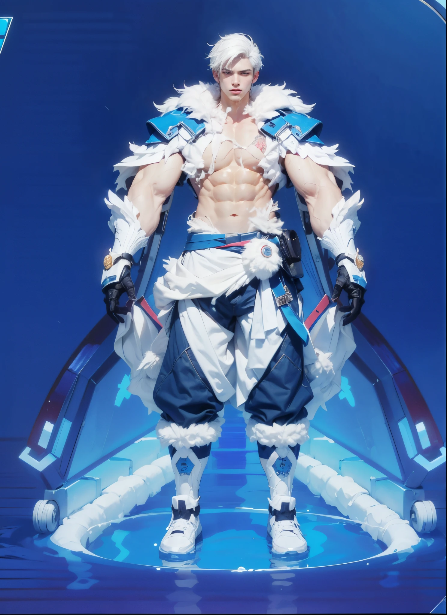 (max resolution: 1.2), (Ultra HDTV: 1.2), 8K resolution, Eye and skin details, detailed facial features, , (Sharp focus: 1, 2), ( Accurate focus) facial expressions: 1,2), 1 boy standing, 20-25 years old, ( White hair ), (Shirtless), Shirtless, Perfect muscles, 8 pack, (light sweat, white fluid,  splashing all over the body), (Black briefs), Blue sky, Tree mortar, Transplant, ((Little drops of water on 8-pack abs)), (((water, water))),  splashed all over his face,  splashed all over his abs,  splashed all over his body, his face turned red from embarrassment. ((There is a faint word SelenaAI in the corner of the photo)),Blue sky, white clouds, light sunshine, beach background, (hairy), showing  hair