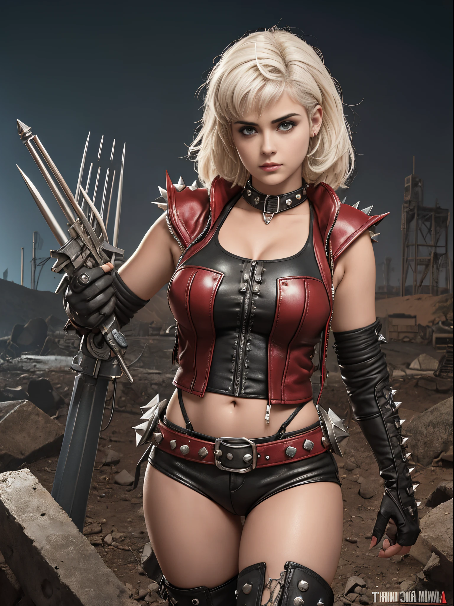 Stefania Ferrario (melhor qualidade), (obra prima), (adulto), (Parted Lips), (random colors), (TankGirl), Um personagem de quadrinhos punk, exibindo seu corpo perfeito, rosto limpo, tiny leather shorts, cintas linga, camiseta branca da banda Ramones rasgada na altura dos seios com lingerie vermelha aparecendo por baixo, jaqueta com spikes, no estilo selvagem urbano de Simon Bisley para a capa da revista Heavy Metal, Spectacular graphics, Mad max clothing, Metal shoulder protection with exposed rivets and screws, Dark random colors with white stars and red and white checkerboard pattern, armadura, cheio de espinhos, (((do joelho pra cima))), Background An abandoned factory in the desert sketch bold lines Vector Art