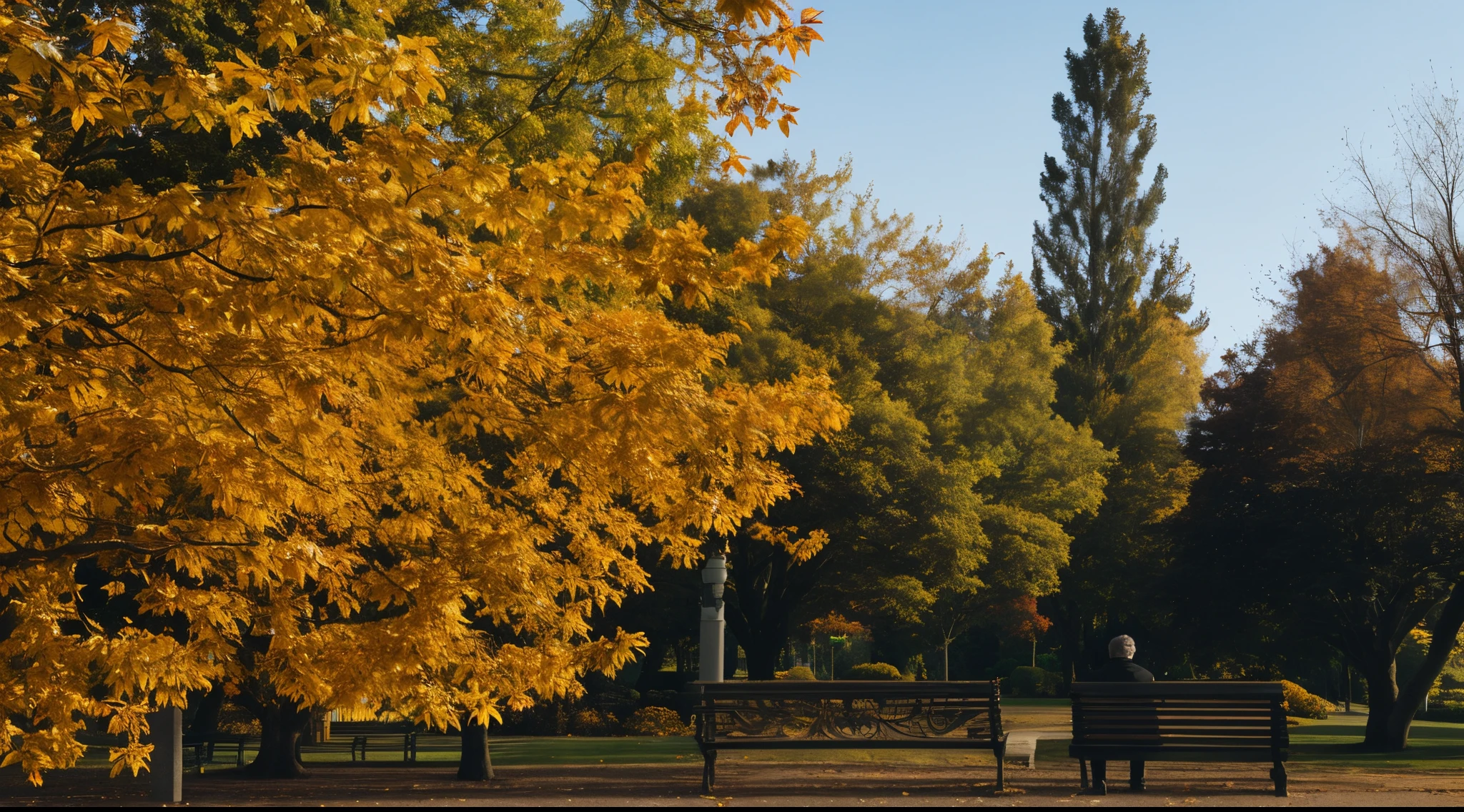 There is a man sitting on a park bench, Sunny day,In Park, There is a park behind, In Park, in a city park, park in background, Park on a sunny day, in sunny weather, Set in the park, autumn period, This photo was taken from a distance, autumn foliage in the foreground