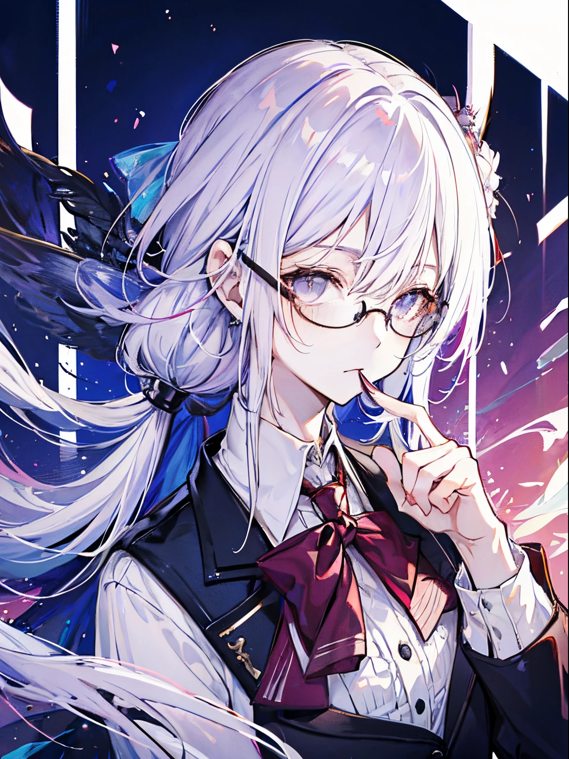 （masutepiece）（high-detail）male in his 20s、white  hair、poneyTail、tailcoat、neck tie、He wears round glasses with no rims、serene expressions