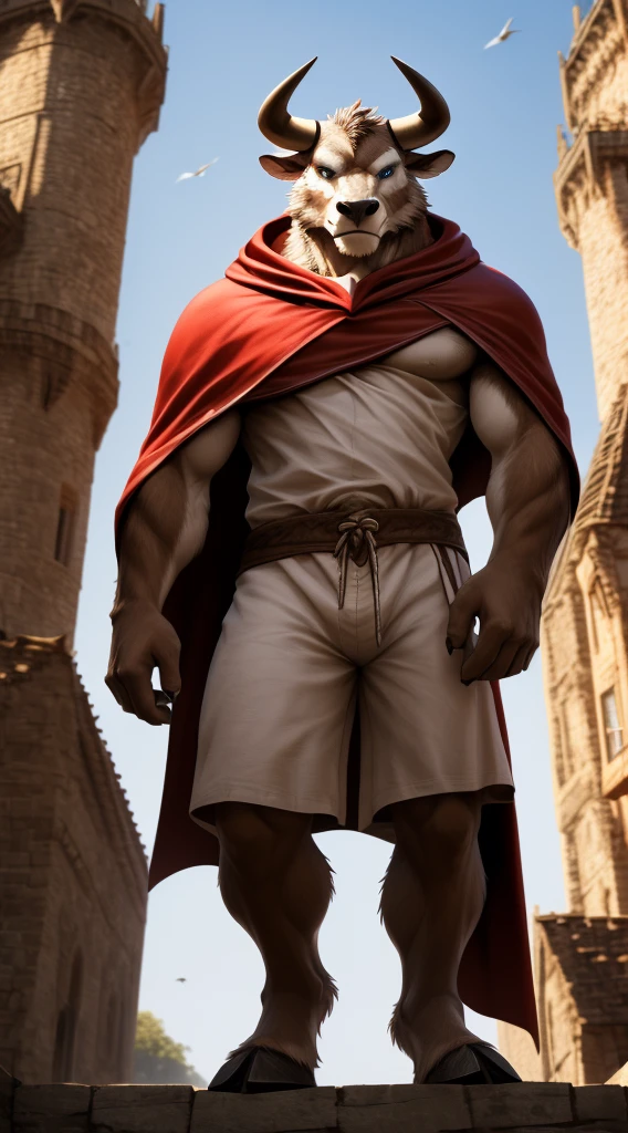 ((nj5furry, solo, full body perspective, masterpiece, chest level shot, standing, calm expression, (anthro), looking at viewer, high resolution, 4K, photorealistic)), male, adult, ((bull-face, detailed fur, extremely detailed, medium-length horns, muscled body, hooves, two-tone fur, brown and white furred body)), blue eyes, high contrast, dynamic composition, castle background, daylight, (five fingers, loose tan medieval shorts, loose white medieval shirt, red cape)