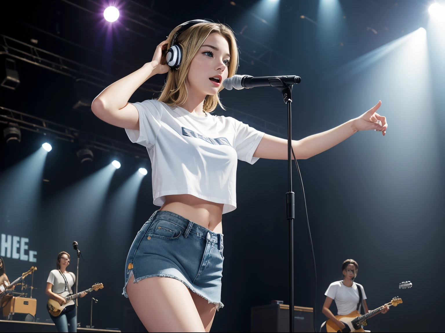 Photo of 18-year-old Emily VanCamp wearing white T shirt and jeans skirt and headphone. navel look. she has little Duck-like lips. on the stage.