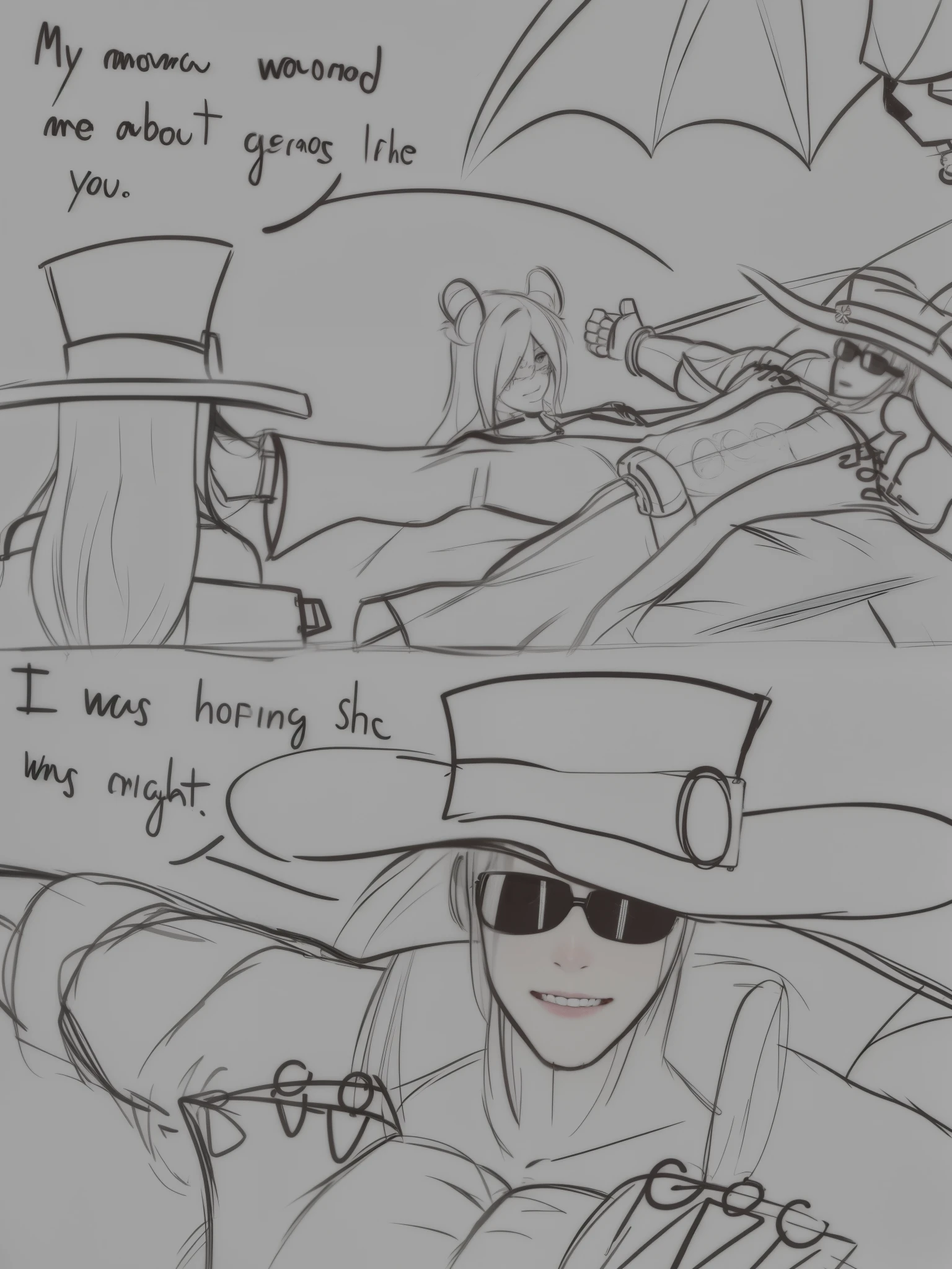 sketches of a man in a hat and sunglasses sitting in a car, of a ramlethal valentine, guilty gear art style, from overwatch, by Shingei, from league of legends, tipping his fedora, heavy shading, overwatch style, widowmaker's former lover, jjba, comic art ”, squinting at high noon, high quality fanart, ashe. pectorals, (open clothes:1.5), (exposed chest:1.5), abs